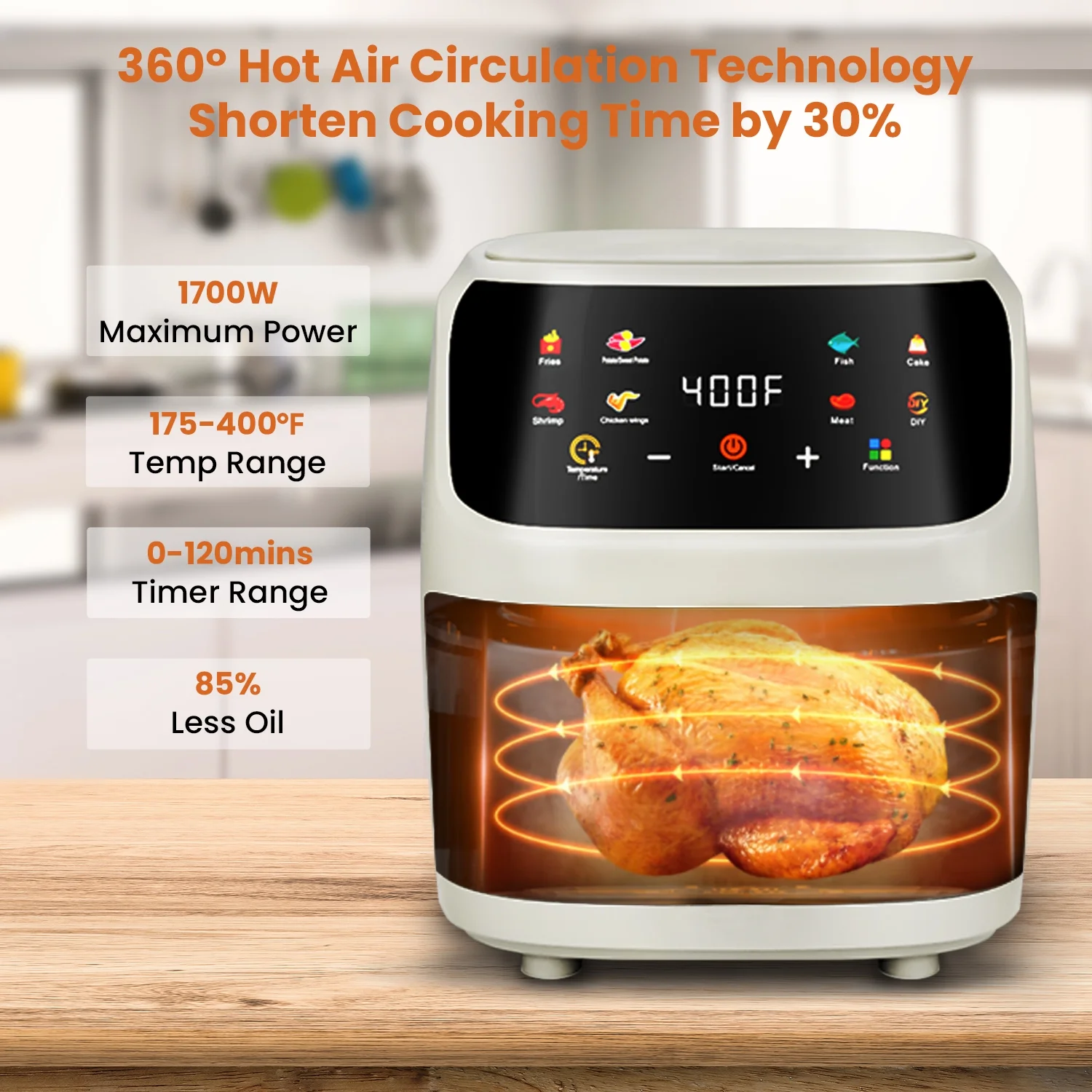 Air Fryer Large 7.5QT, 8-in-1 Digital Touchscreen, Visible Cooking Window, 1700W, White
