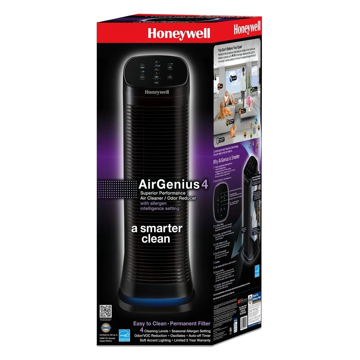 Honeywell Air Genius 4 Air Purifier with Washable Filter, 250 sq ft, Black, HFD310
