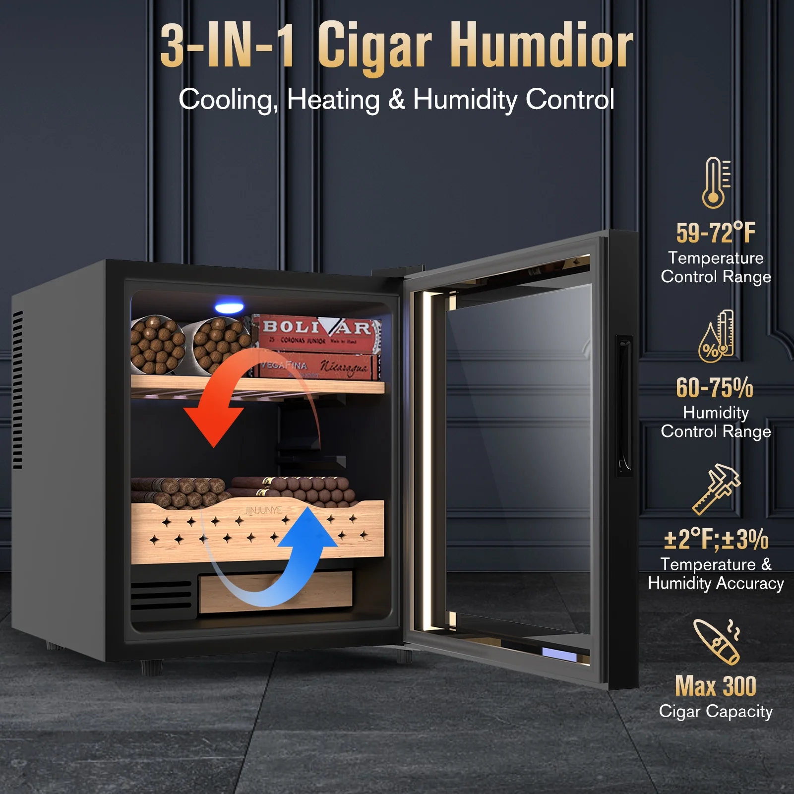 JINJUNYE 50L Cigar Humidors for 300 Cigars with 3-IN-1 Precise Cooling, Heating & Humidity Control, Electric Cooler Cigar Humidor, Cabinet Humidor with Spanish Cedar Wood Drawer Shelves, High-end Gift