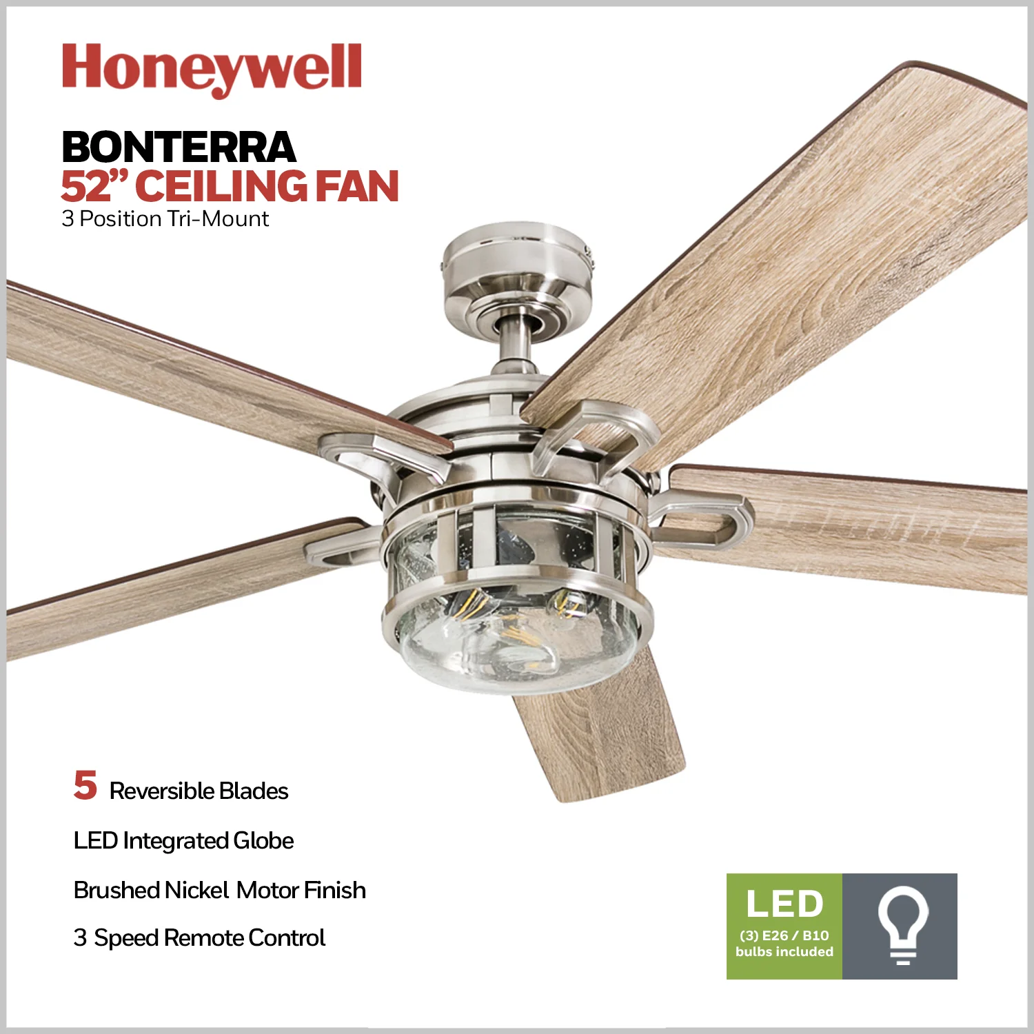 Honeywell Bontera 52' Craftsman Brushed Nickel LED Remote Control Ceiling Fan