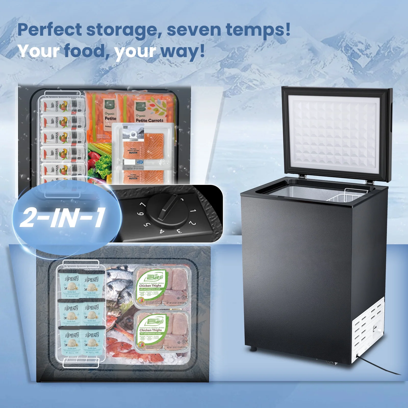 KISSAIR 2.8 Cubic Feet Chest Freezer Free Standing Top open Door Compact Freezer with Adjustable Temperature, Suitable for Home/Kitchen/Office-Black