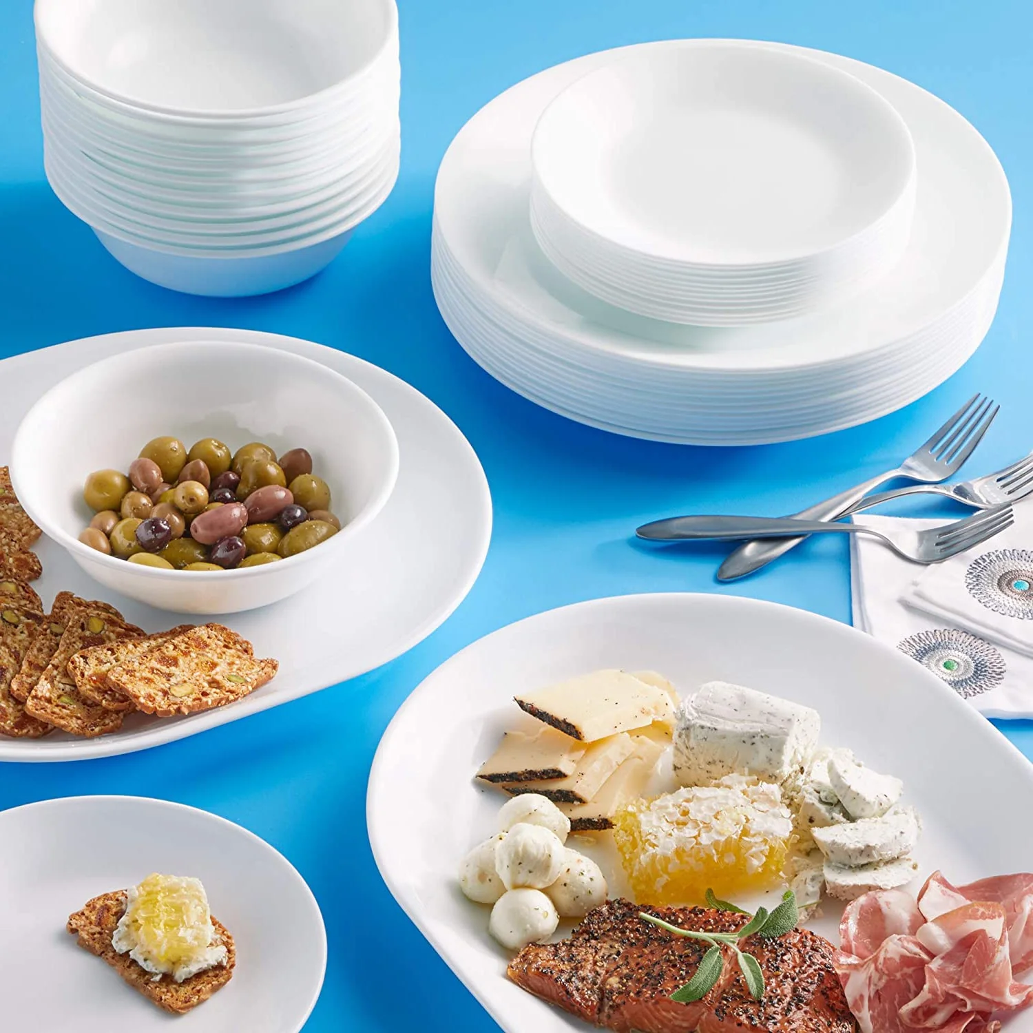 Corelle Vitrelle 38-Piece Service for 12 Dinnerware Set, Triple Layer Glass and Chip Resistant, Lightweight Round Plates and Bowls Set, Winter Frost White