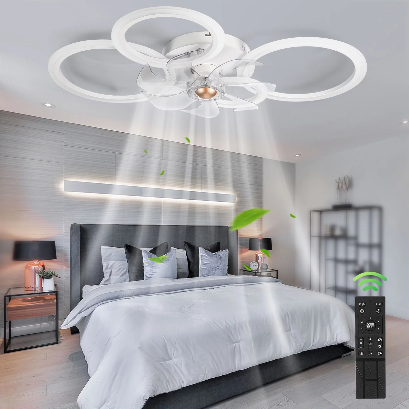 JahyShow 31'Ceiling Fans with Lights and Remote, Modern Low Profile Ceiling Fan Lights, 7-Blade LED Dimmable Bladeless Ceiling Fans with Lights for Bedroom,Living Room,Dining Room,Color Changeable