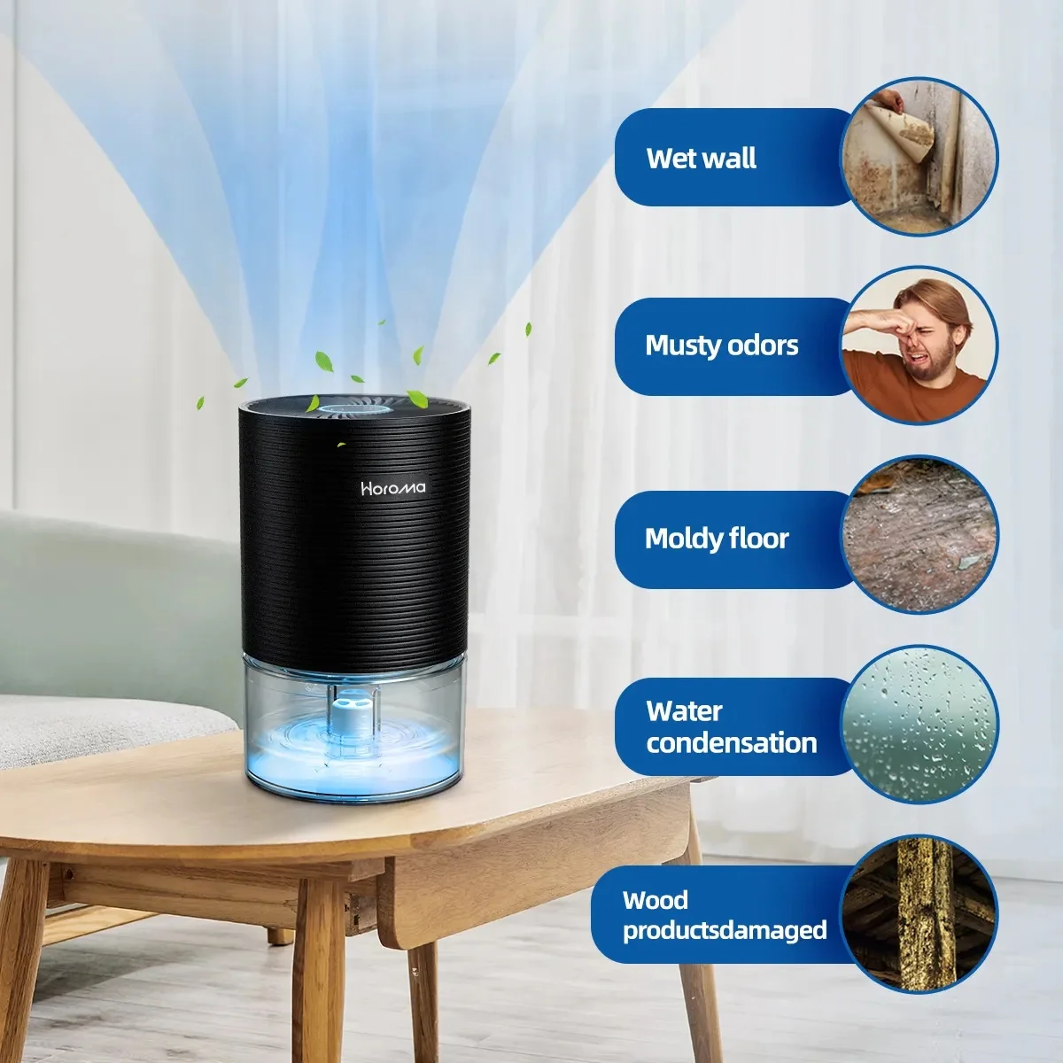HOROMA Dehumidifier LED Room Mini Portable Quiet Desktop Detachable Dehumidifier 26OZ Capacity