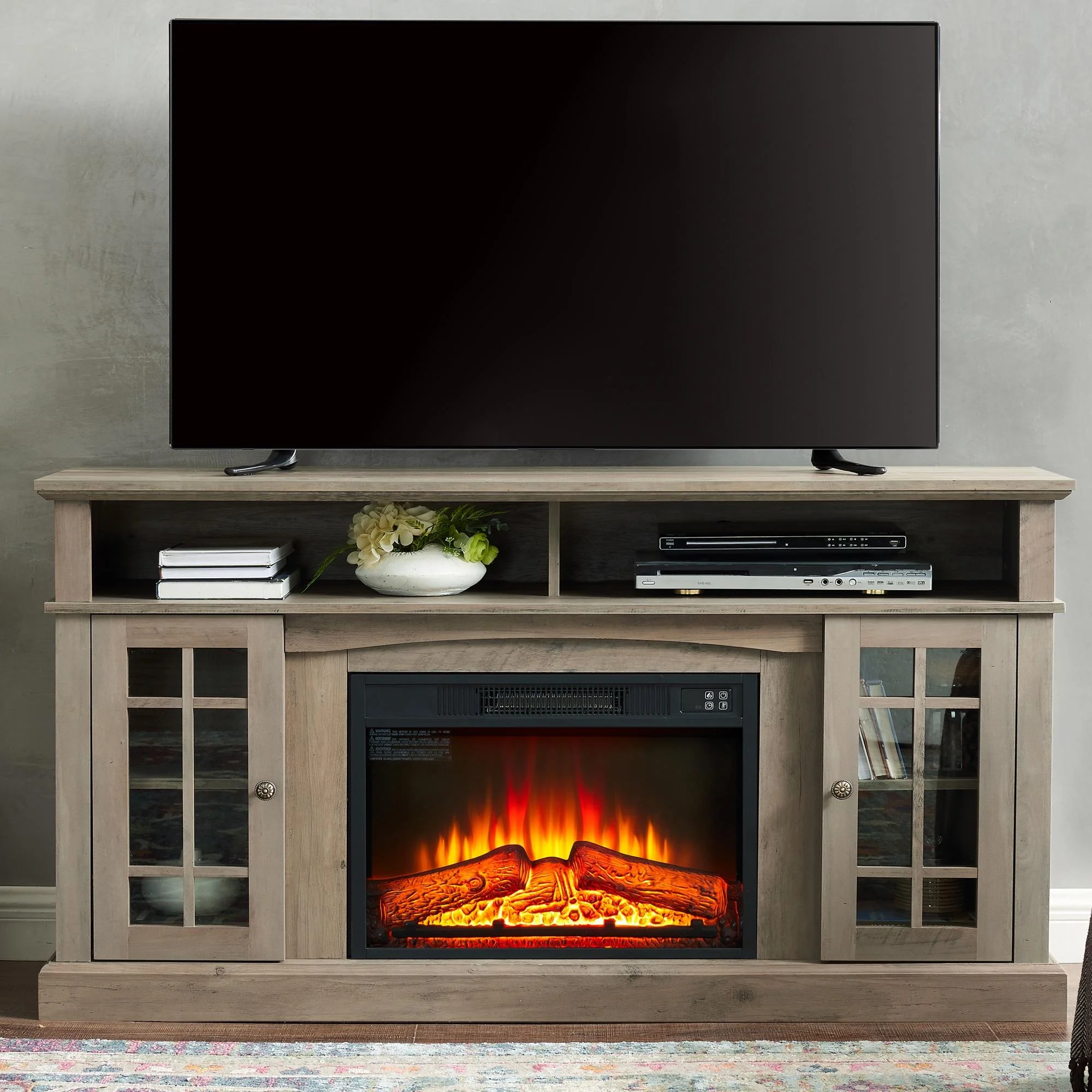 Gray TV Stand with Fireplace, 58' Electric Fireplace Heater TV Stand for 65' TVs, Wood Fake Fireplace Heater, Electric Fireplace Entertainment Center