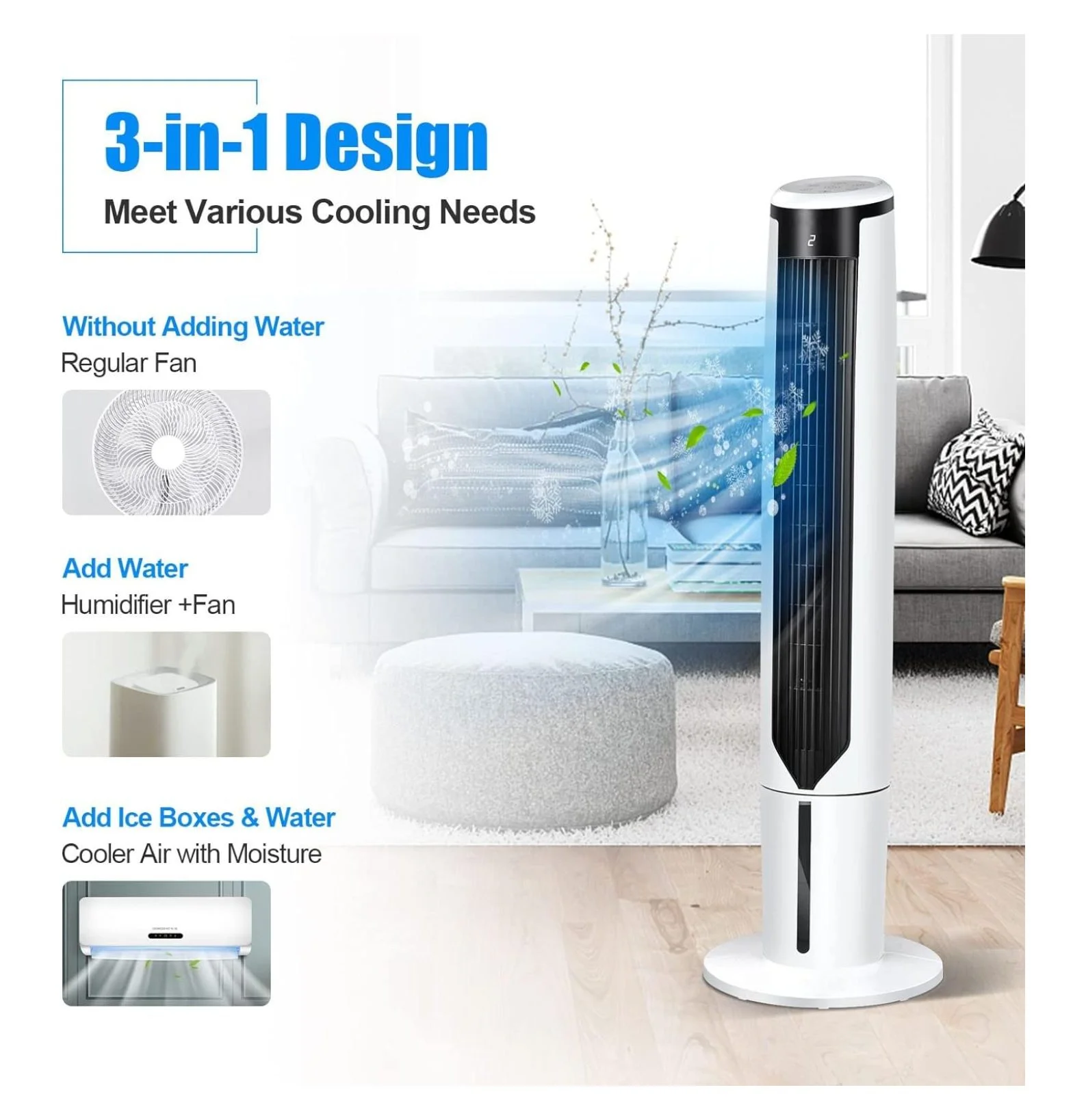 BULYAXIA 41'Evaporative Air Cooler Portable,3-IN-1 Oscillating Tower Fan with Control,3 Wind Speeds and 3 Modes,Bladeless Air Cooling Fan with LED Display and 9H Timer for Bedroom Living Room Office