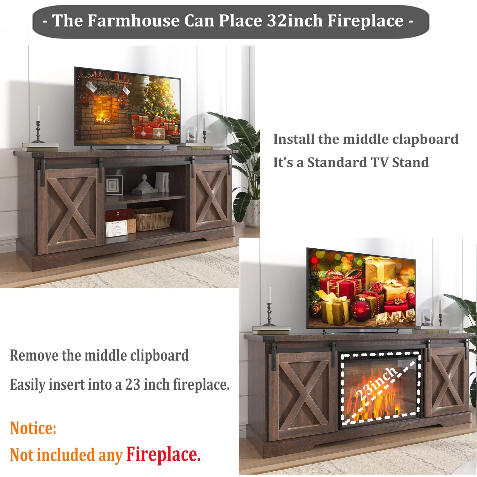 Chvans Farmhouse Barn Door TV Stand for up to 65' TVs /23' Electric Fireplace, Entertainment Center Console Table with Adjustable Shevles, Brown