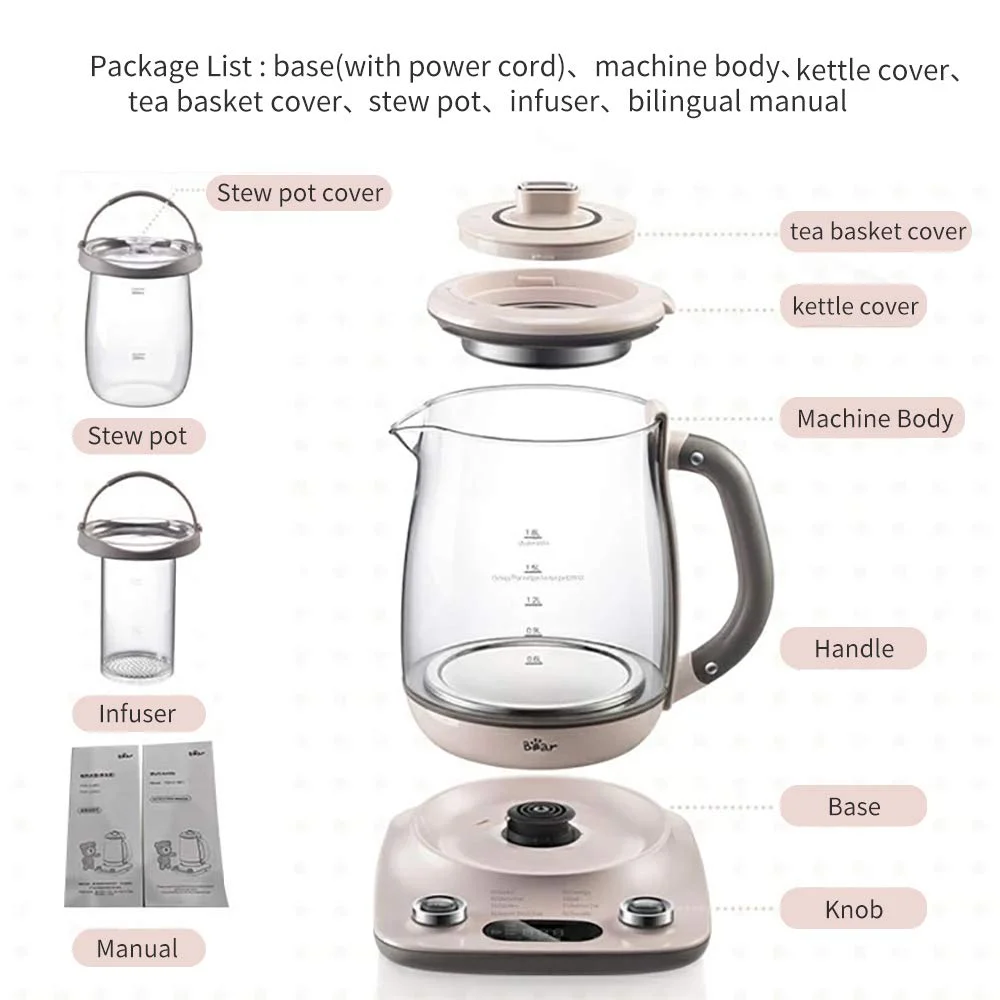 Bear YSH-C18R1 Health- Care Beverage Tea Maker and Kettle,Electric kettle with infuser, Durable 316 Stainless Steel & Glass Brew Cooker Master,8-in-1 Programmable, 1.8L,Pink