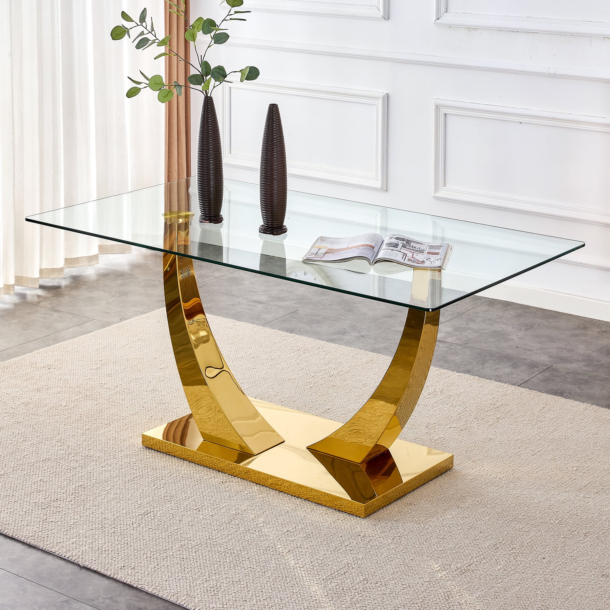 63'' Glass Dining Table for 4 to 6 People, Modern Minimalist Kitchen with Tempered Tabletop and Gold Metal Base, Large Rectangle Room (U-shaped Base)