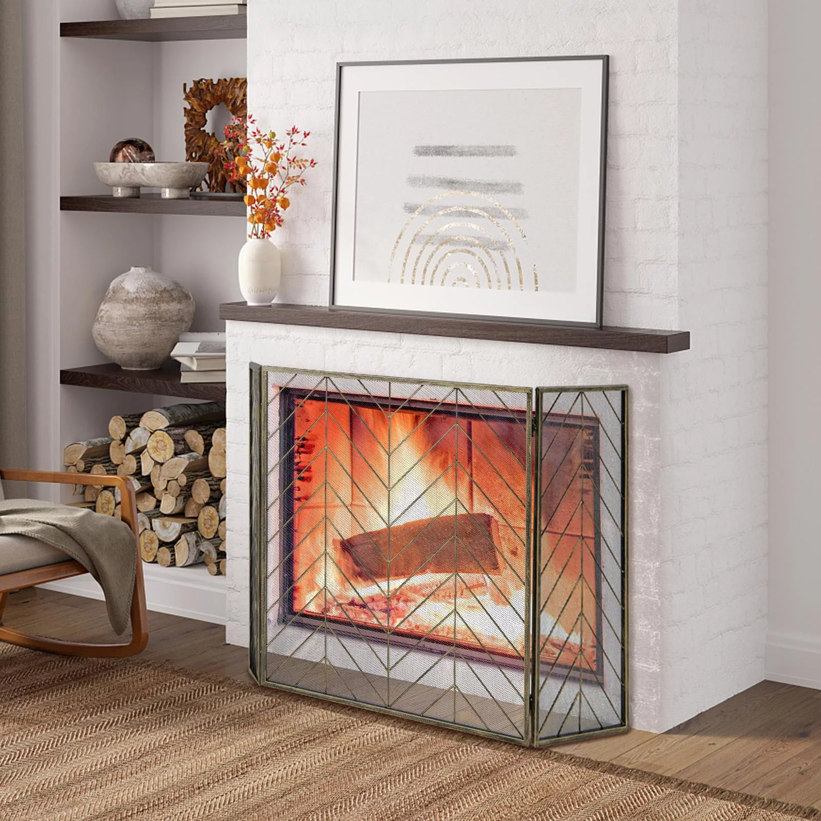 Giantex Fireplace Screen, 3-Panel Foldable Wrought Iron Fireplace Screens for Wood Burning Fireplace, Decorative Flat Metal Mesh Fire Spark Guard Cover, Bronze