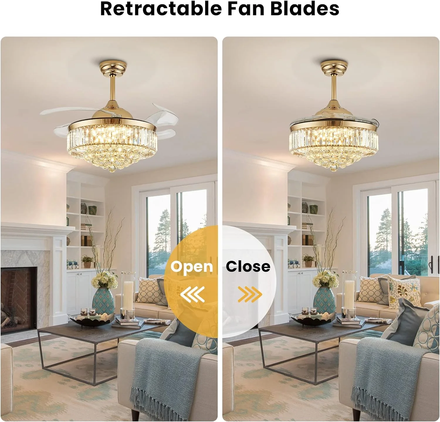 HOOMEDELIER 42' Chandelier Ceiling Fan with Remote, Crystal Beads Framed Fan with 4 Retractable Blades Smart Indoor Fandelier Fan