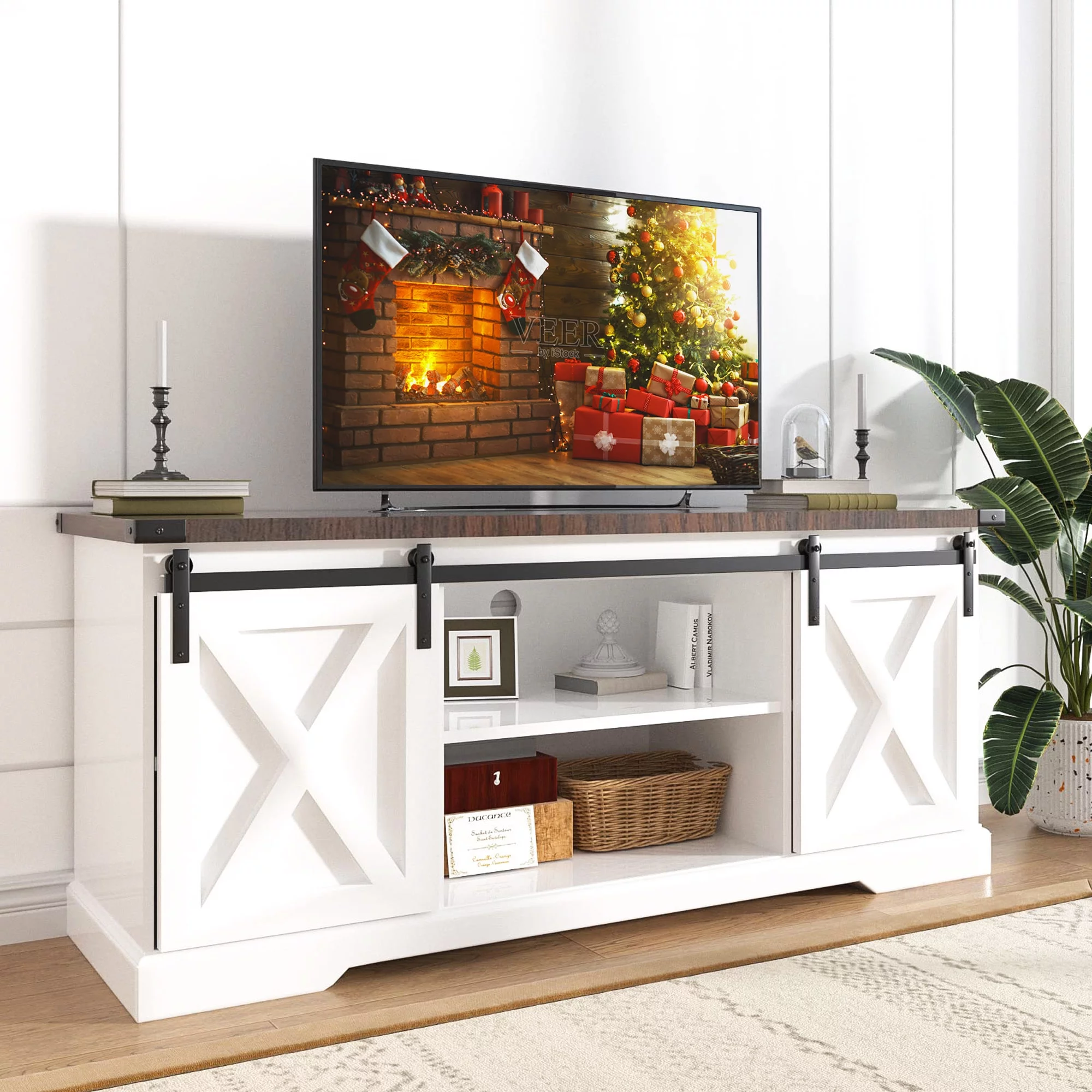 Chvans Farmhouse Barn Door TV Stand for up to 65' TVs & 23' Electric Fireplace, Entertainment Center Console Table with Adjustable Shevles(58')