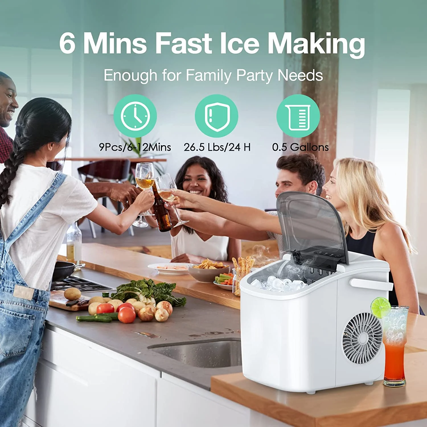 Fornido Countertop Ice Maker Portable Ice Machine with Handle, Self-Cleaning Ice Makers, 26Lbs/24H, 9 Ice Cubes Ready in 6 Mins, S/L Bullet Ice (White)