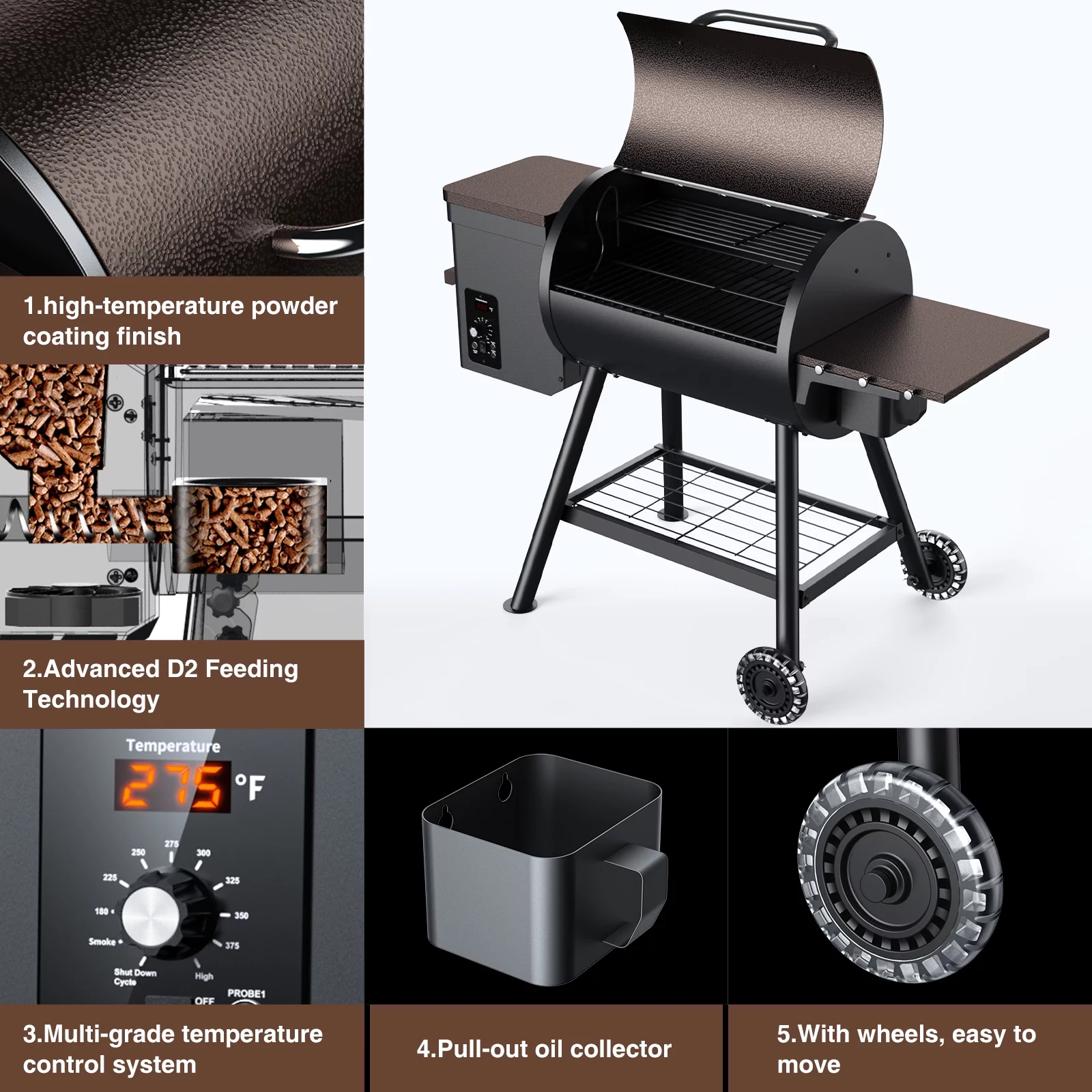 KingChii 456 SQ.IN Pellet Grill Smoker with Side Shelf, BBQ Grill with PID Temperature Control for Outdoor Cooking, BBQ Camping and Patio, Brown (Rain Cover Including)