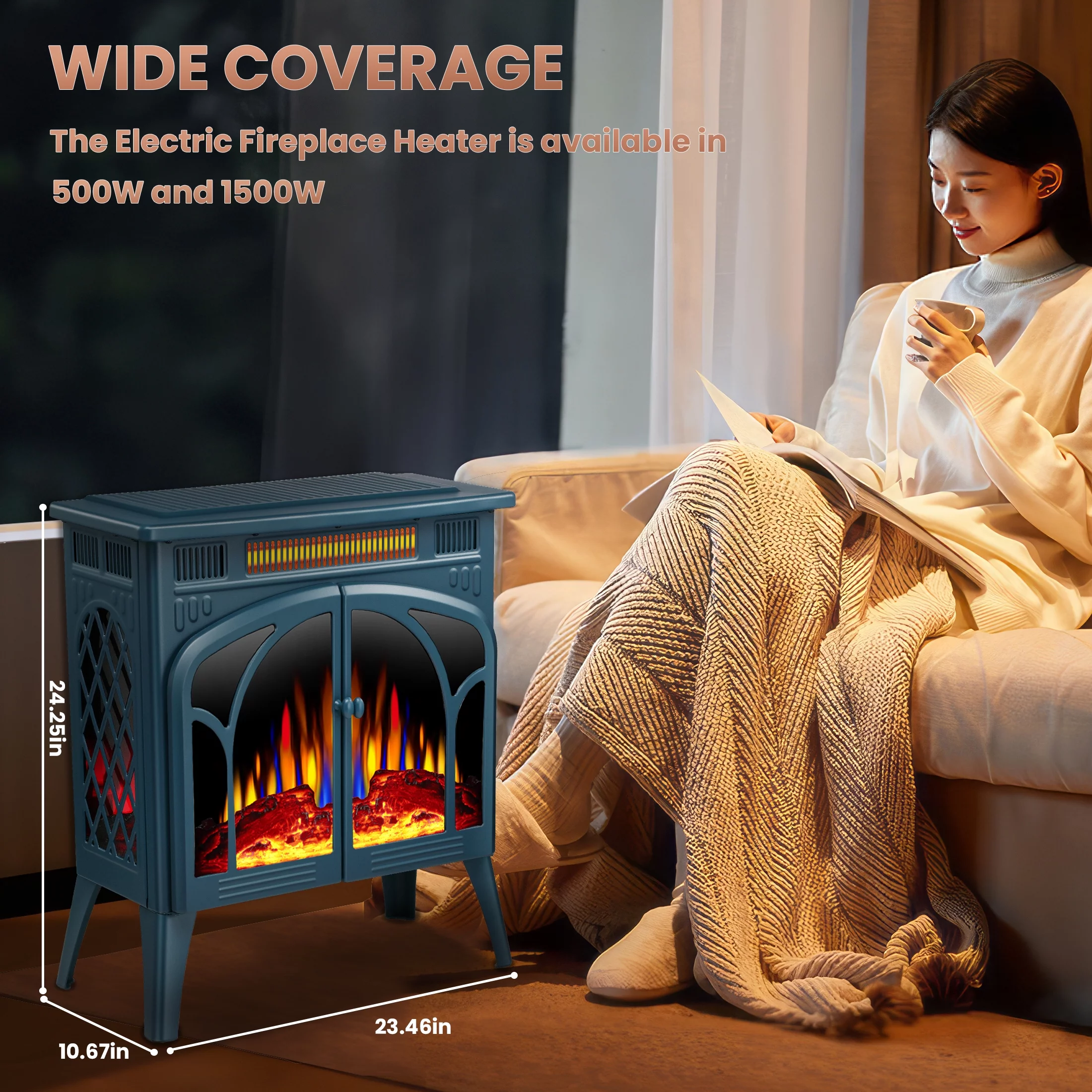 KISSAIR 25'' Electric Fireplace Heater, Overheat Protection Design, 3D Realistic Flame Effect, Independent Remote Control Fireplace, 500W/1500W, DARKGREEN
