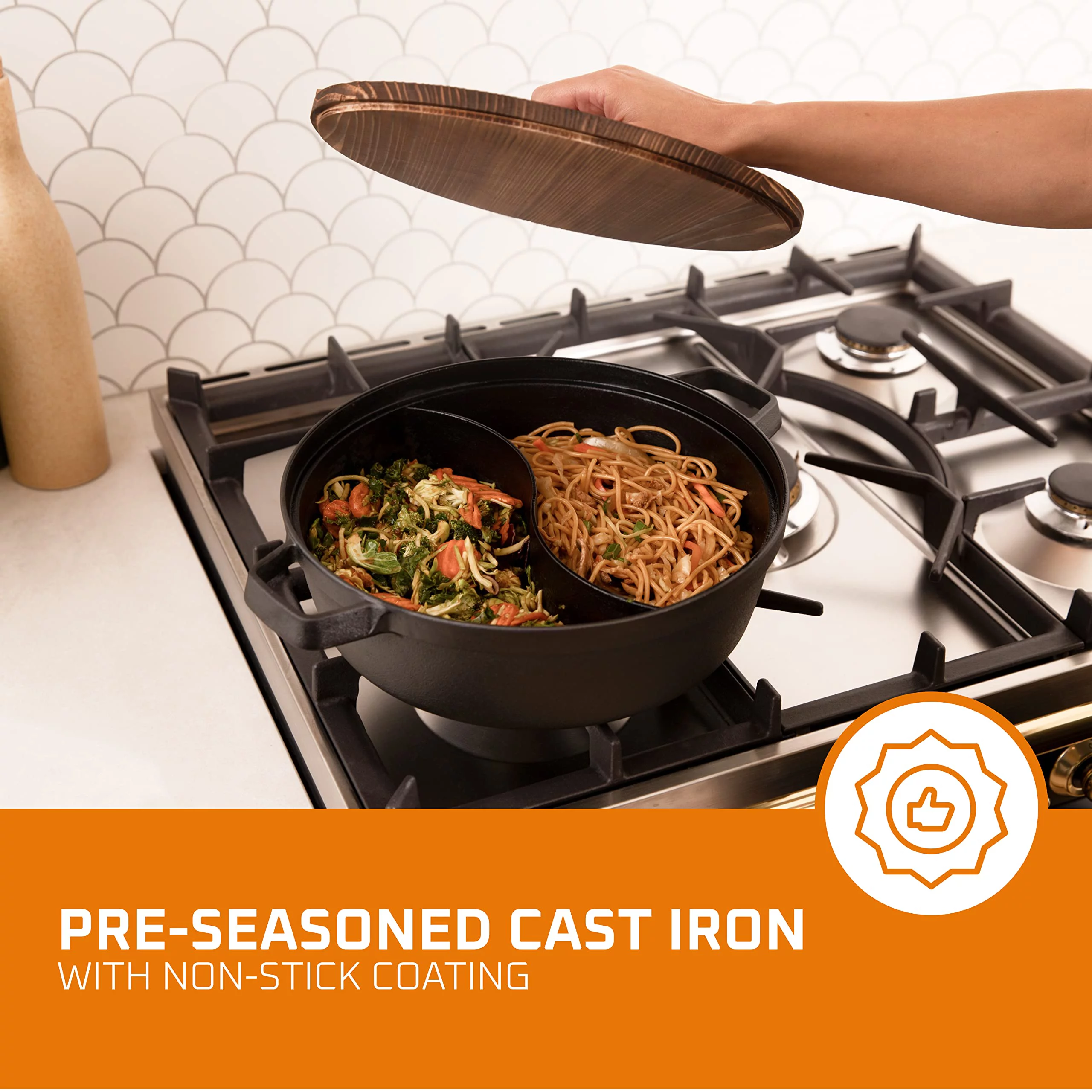Bruntmor | Pre-Seasoned 2-In-1 Cast Iron Shabu Shabu Hot Pot With Wooden Lid, Heavy Duty 5 Quart Dutch Oven Skillet and Lid Set