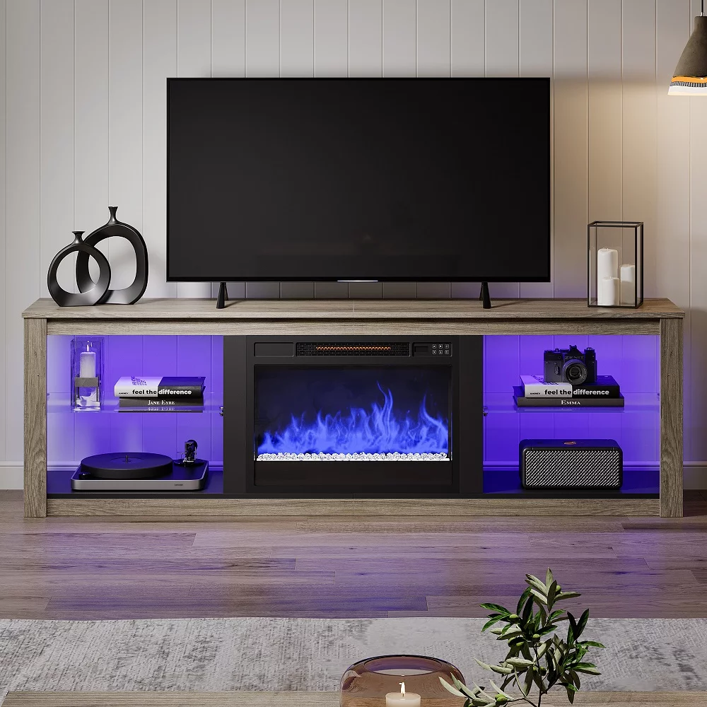 Bestier Electric Fireplace TV Stand for 75inch TV, Farmhouse Entertainment Center with LED Light for Living Room in Wash Grey