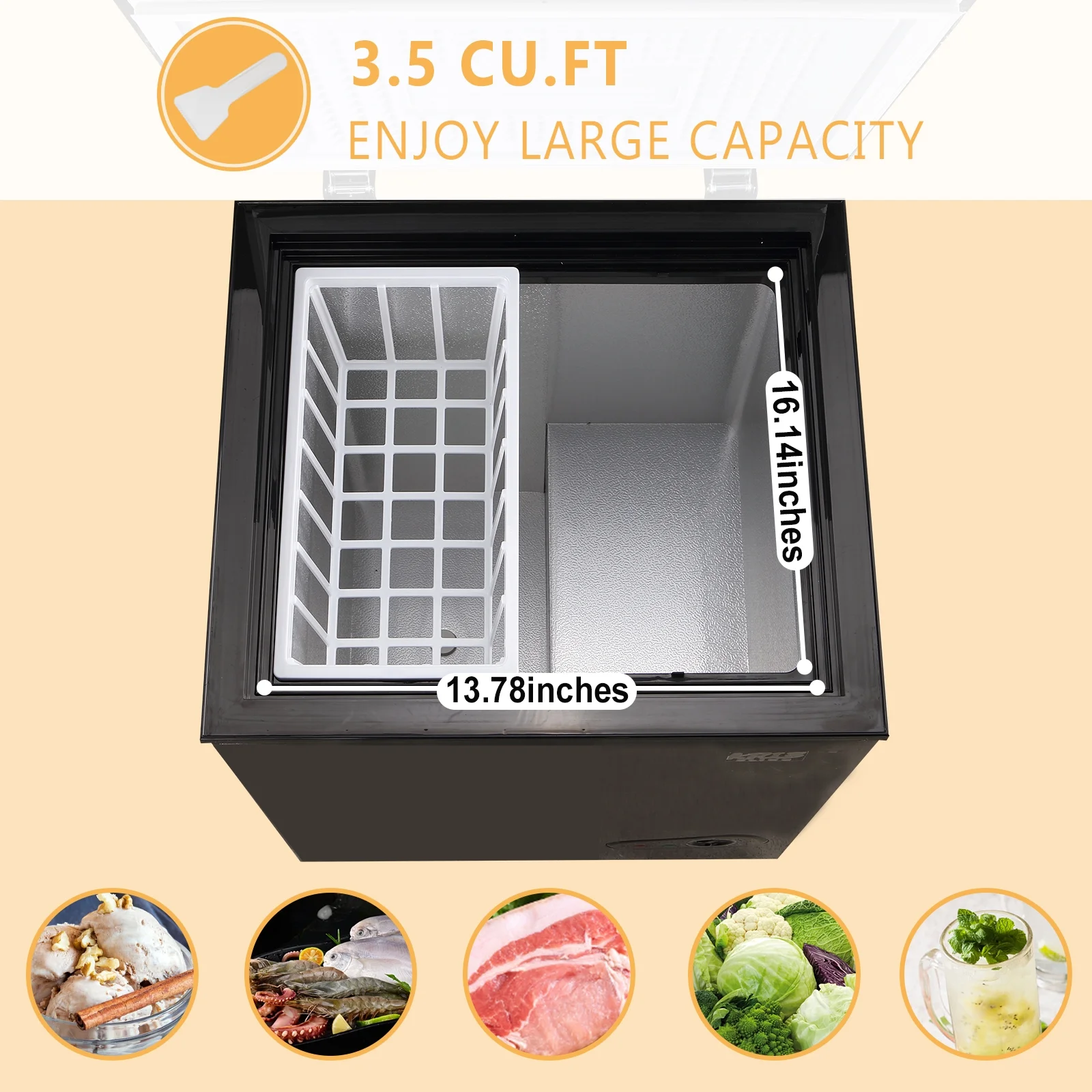 Krib B Deep Freezer 3.5 Cu.ft, Chest Freezer with 3 Grade Temperature (-4��F to 6.8��F), Removable Basket, for Dorm, Apartment, Kitchen, Black