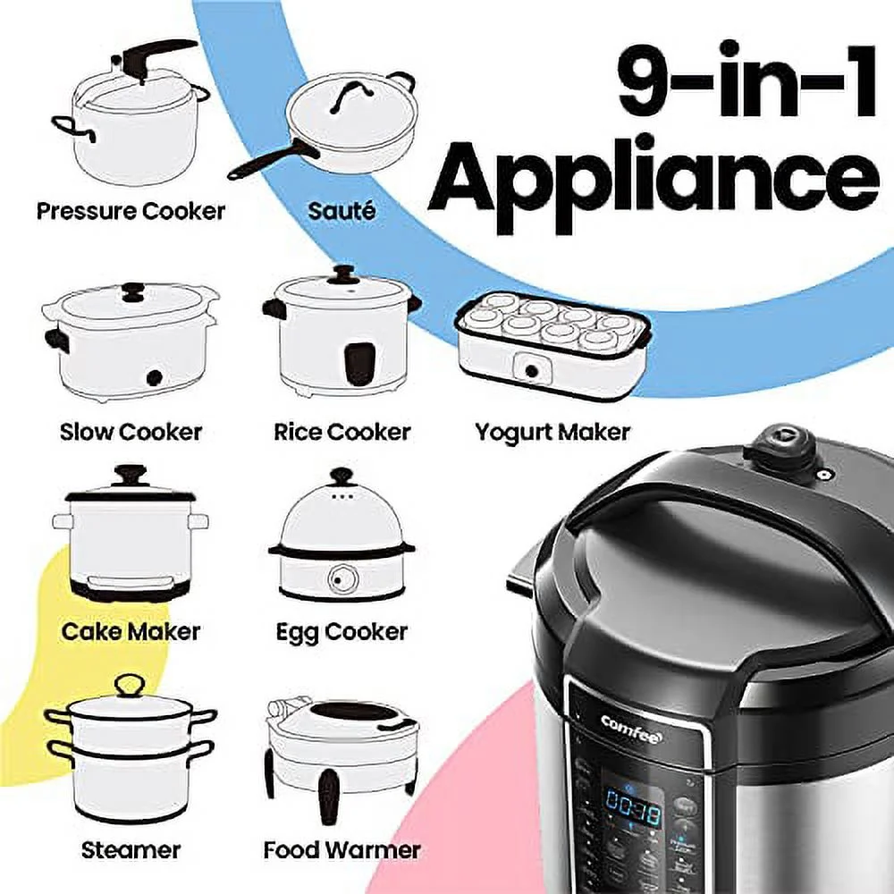 COMFEE' 6 Quart Pressure Cooker 12-in-1, One Touch Kick-Start Multi-Functional Programmable Slow Cooker, Rice Cooker, Steamer, Saut�� pan, Egg Cooker, Warmer and More