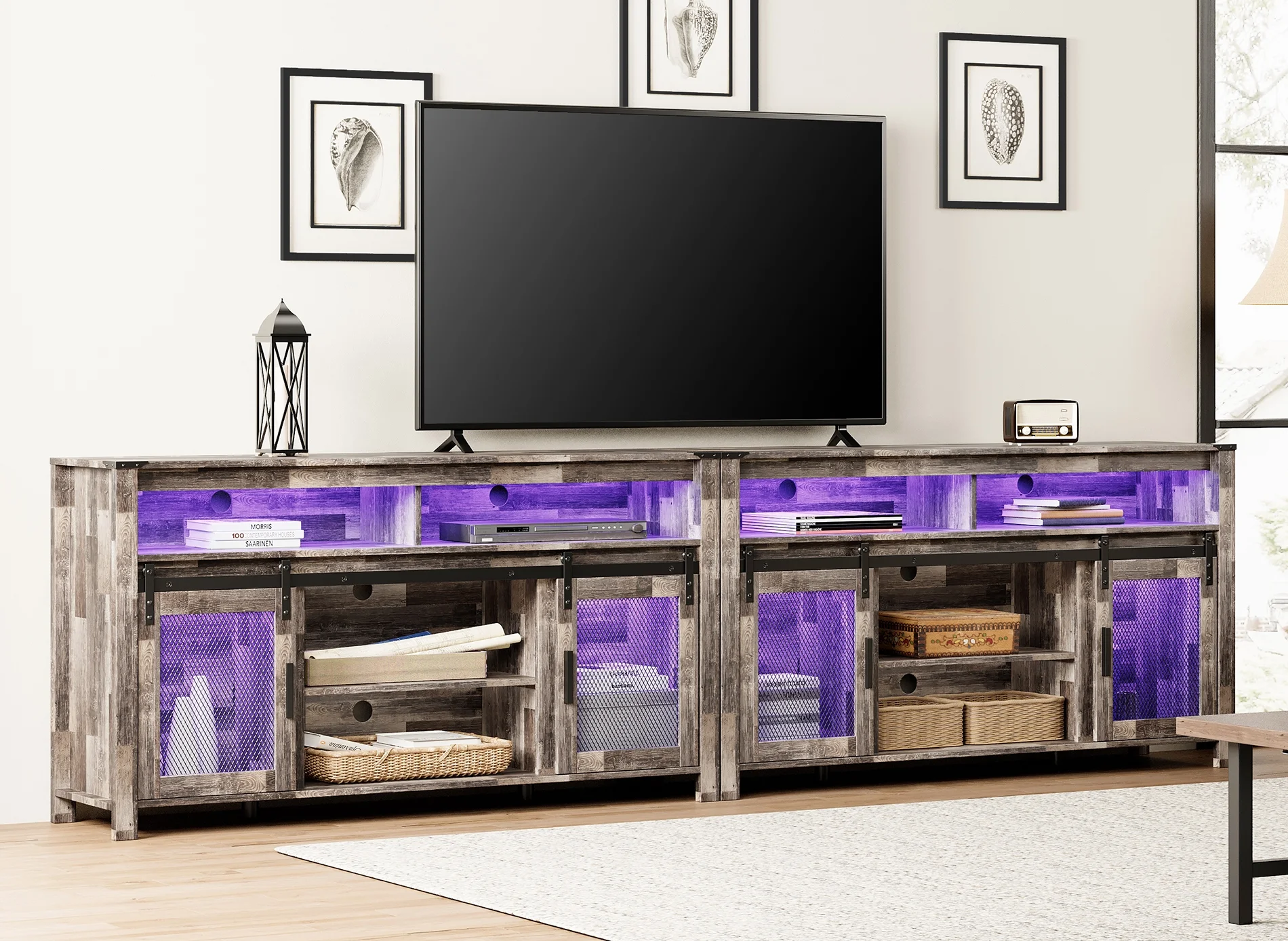 2-In-1 TV Stand for 100+ Inch TV, Farmhouse & Industrial Media Entertainment Center w/Sliding Mesh Doors, Rustic TV Console w/Storage Shelves & RGB LED Lights for Living Room, Rustic White