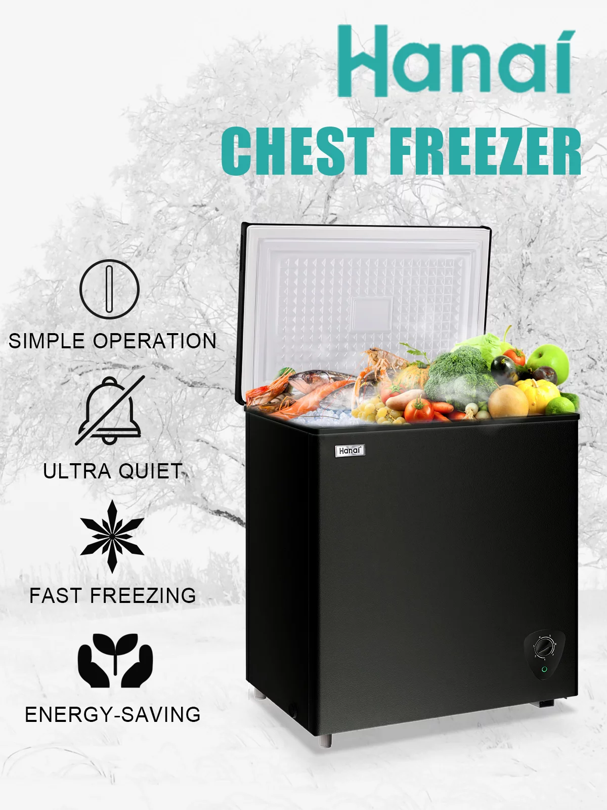 Chest Freezer 5.0 cu.ft Compact Freezer Free-Standing WANAI Top Door Freezer Adjustable 7 Thermostat and Removable Basket, Black