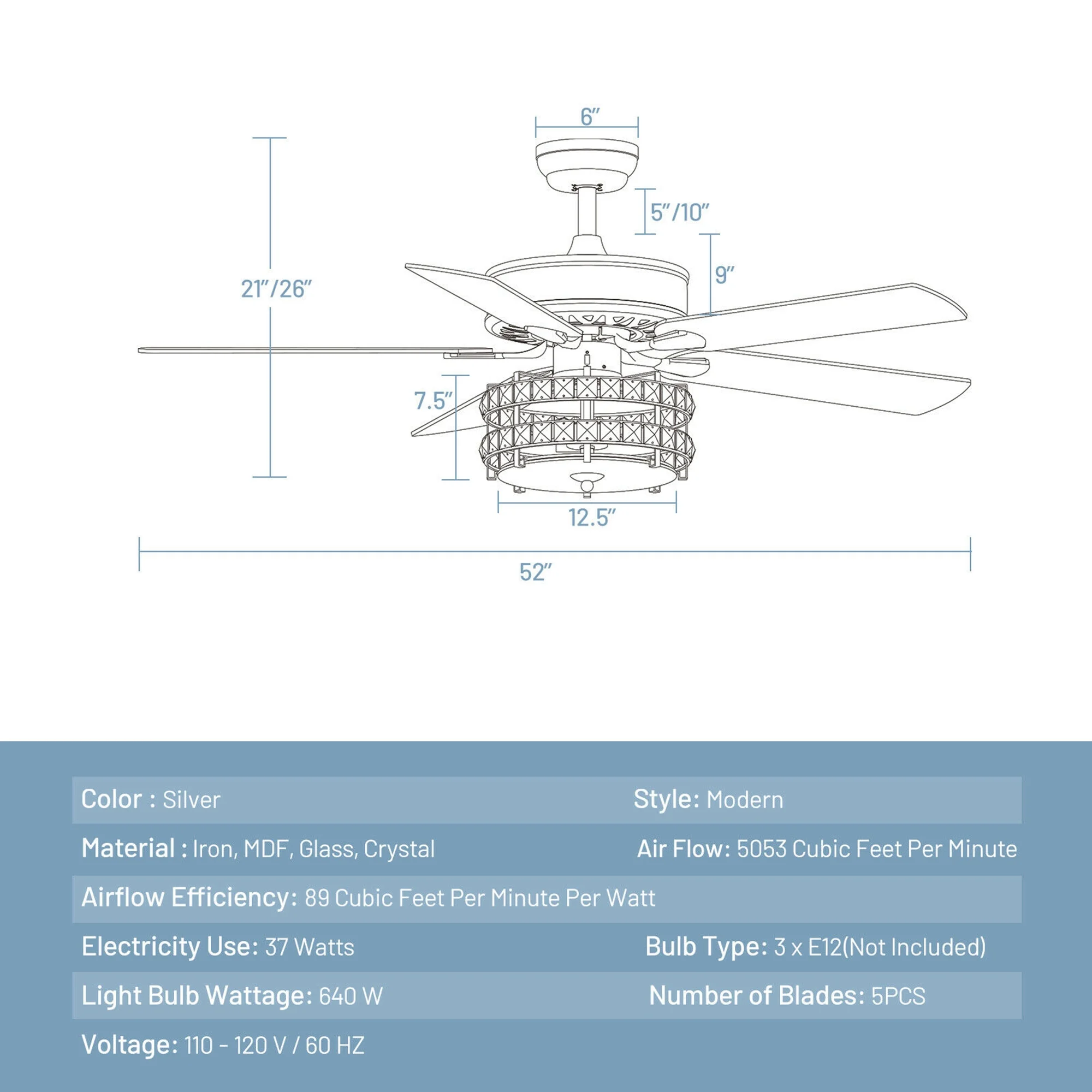 Gymax 52'' Classical Crystal Ceiling Fan Lamp w/ Reversible Blades Remote Control Home