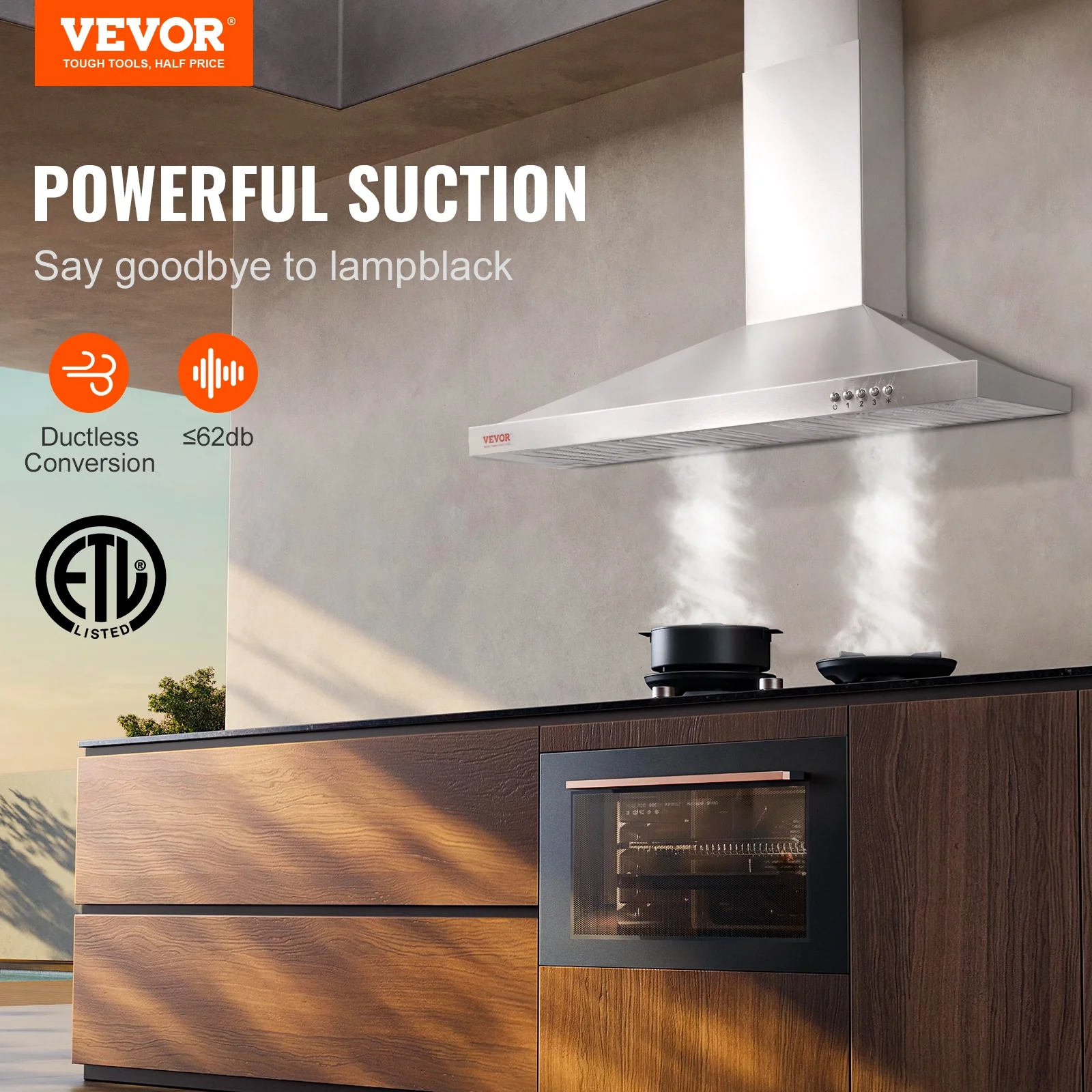 BENTISM 30' 200cfm Wall Mount Range Hood Ductless Kitchen Vent Stainless Steel 3 Speed