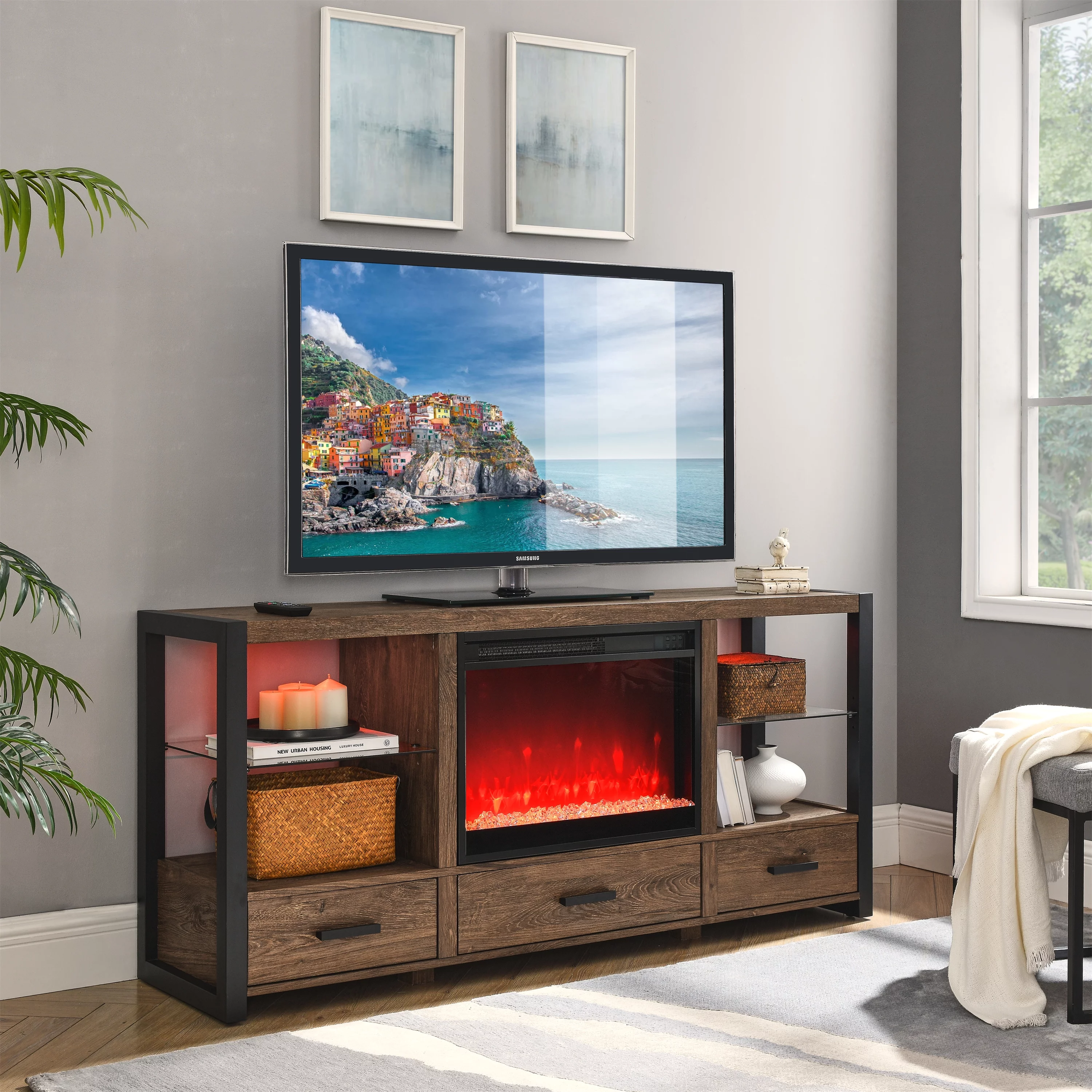 Greenpod Electric Fireplace TV Stand with 23' Fireplace and LED Lights for TVs up to 70