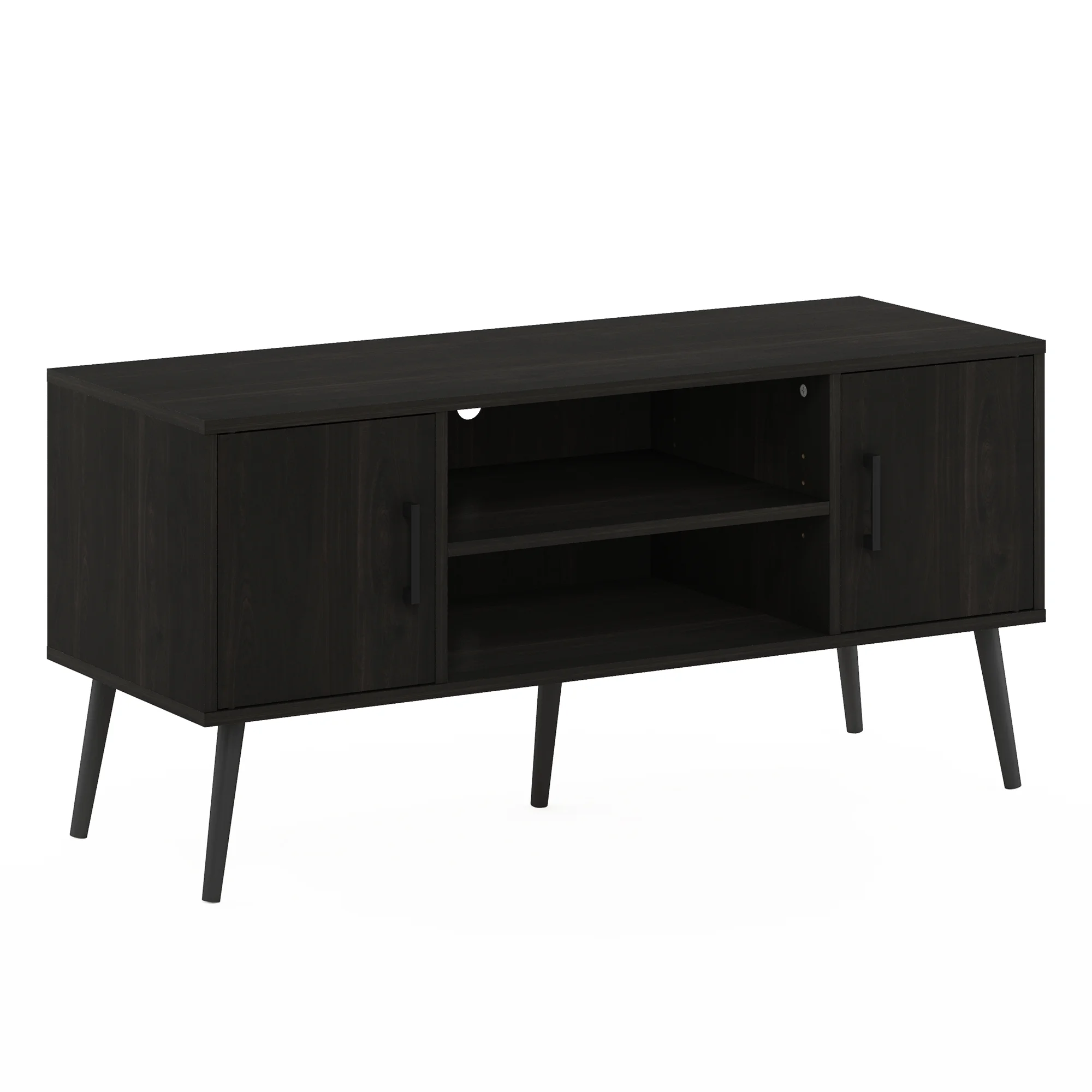 Furinno Claude Mid Century Style TV Stand with Wood Legs, Two Cabinets, French Oak Grey