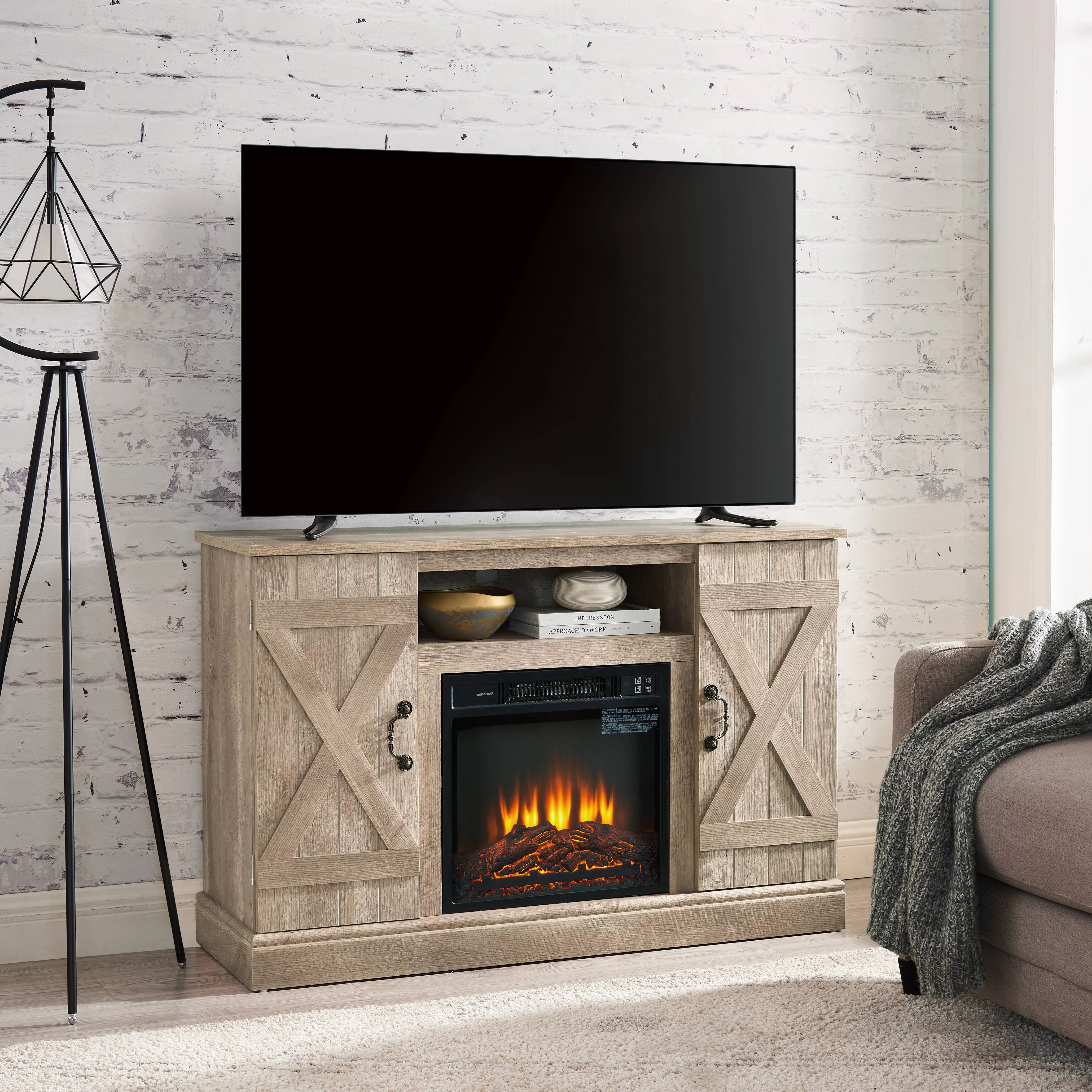 Entertainment Center with Fireplace, Seizeen 48 inch Electric Fireplace TV Stand for 55' TV, Farmhouse TV Media Console with Remote Control Fireplace Storage for Indoor Living Room, Ashland Pine