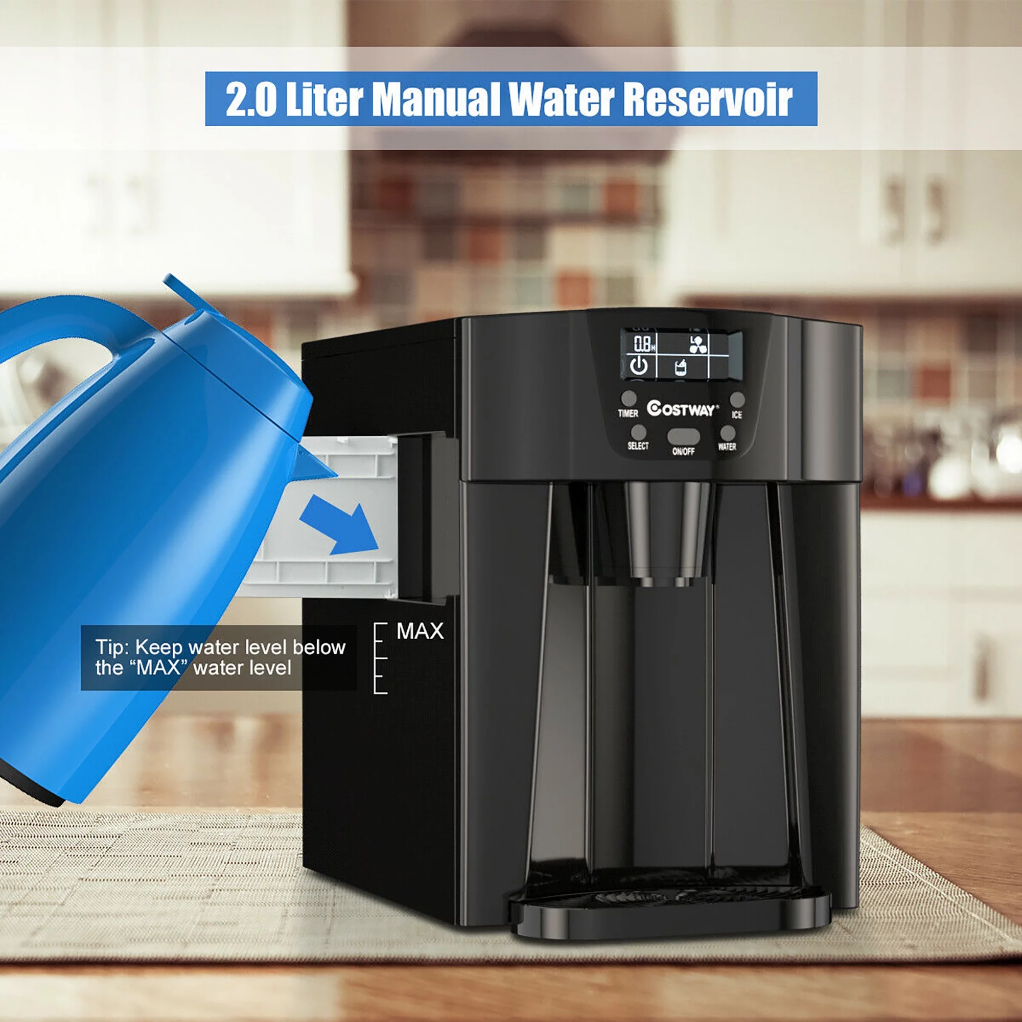 Costway 2 In 1 Ice Maker Water Dispenser Countertop 36Lbs/24H LCD Display Portable Black