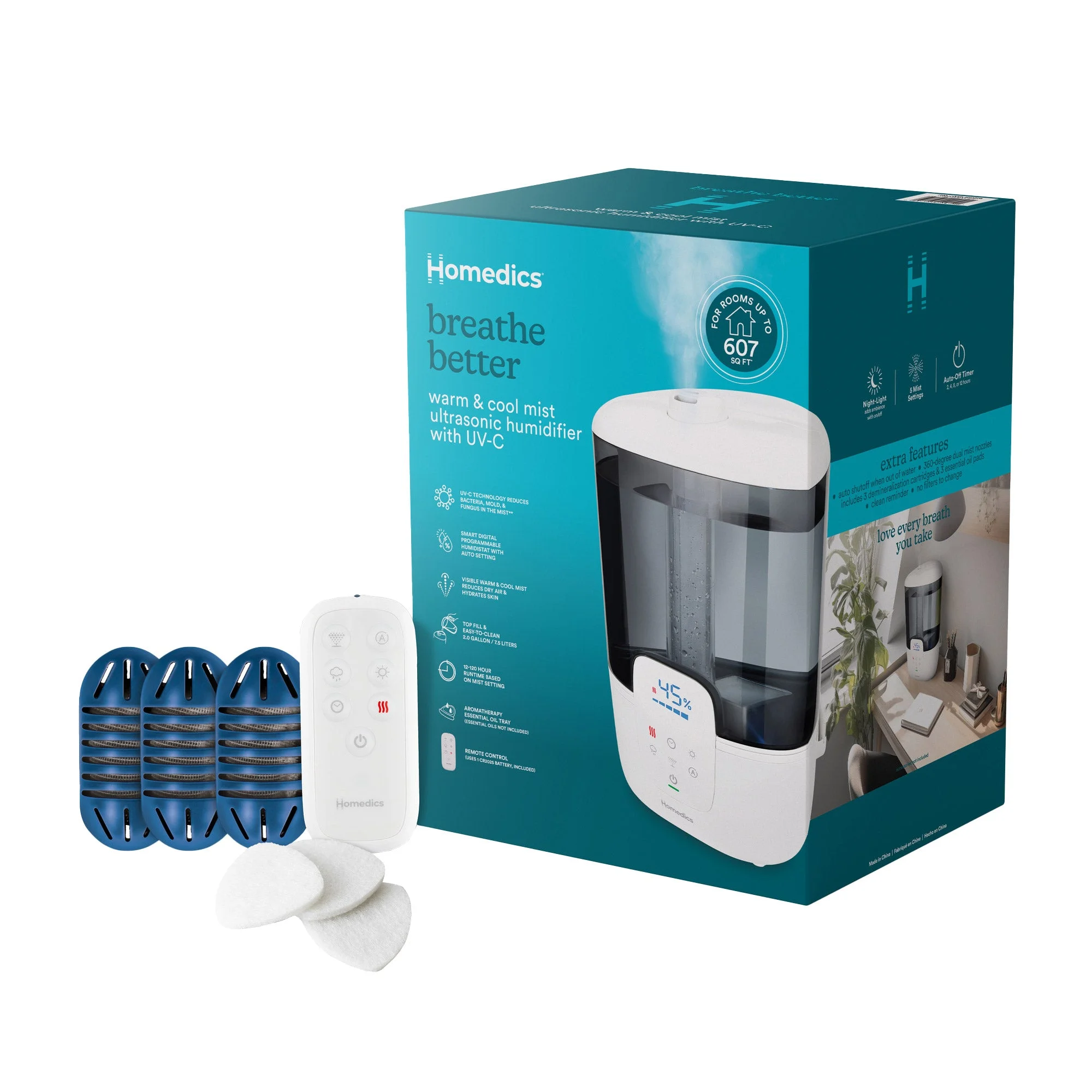 Homedics Ultrasonic Humidifier with Warm/Cool Mist, 2G Capacity, UV-C Technology, and Remote Control