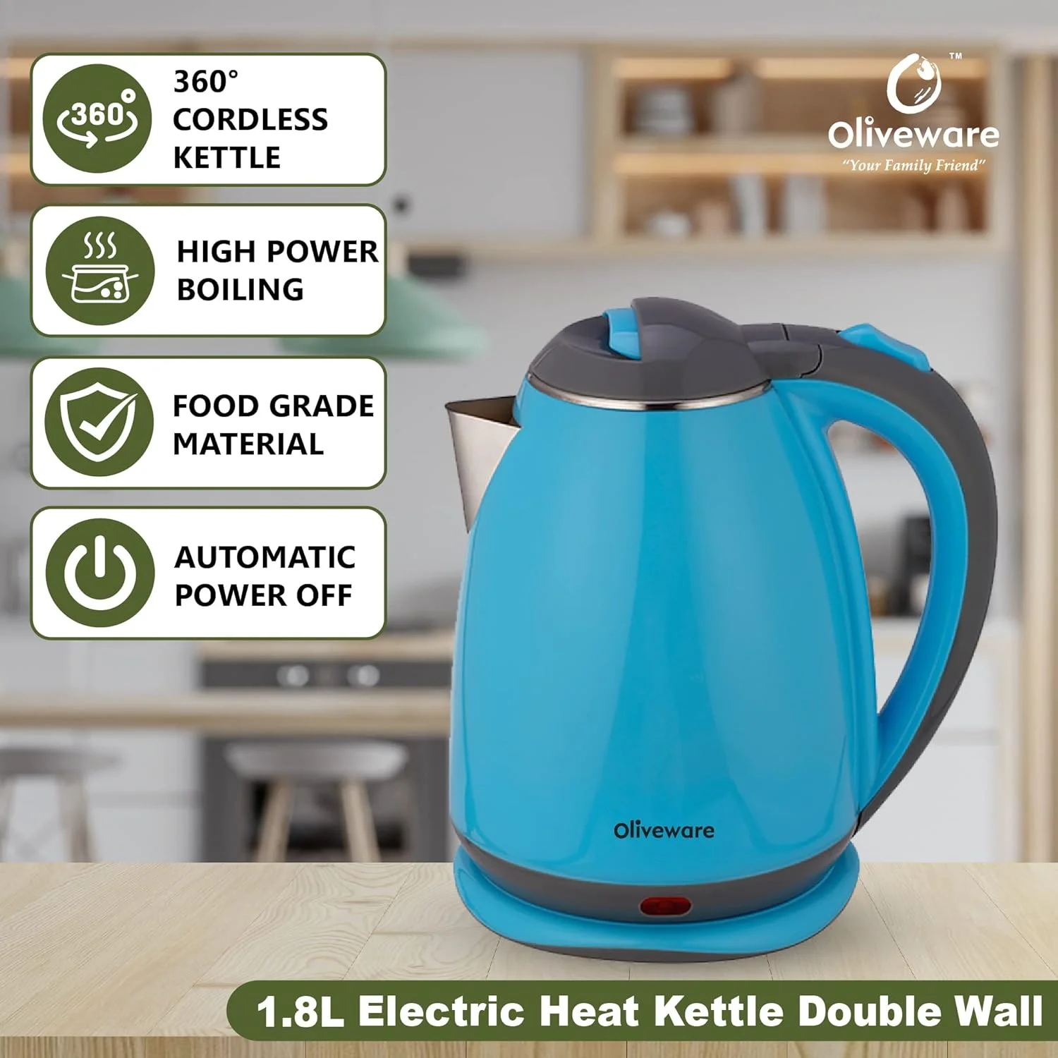 Elegant Electric Kettle by Oliveware | 1.8 litre | 360 degree Rotation | Heat Protection Handle | Automatic Power off - (Pink, 1800 ml)