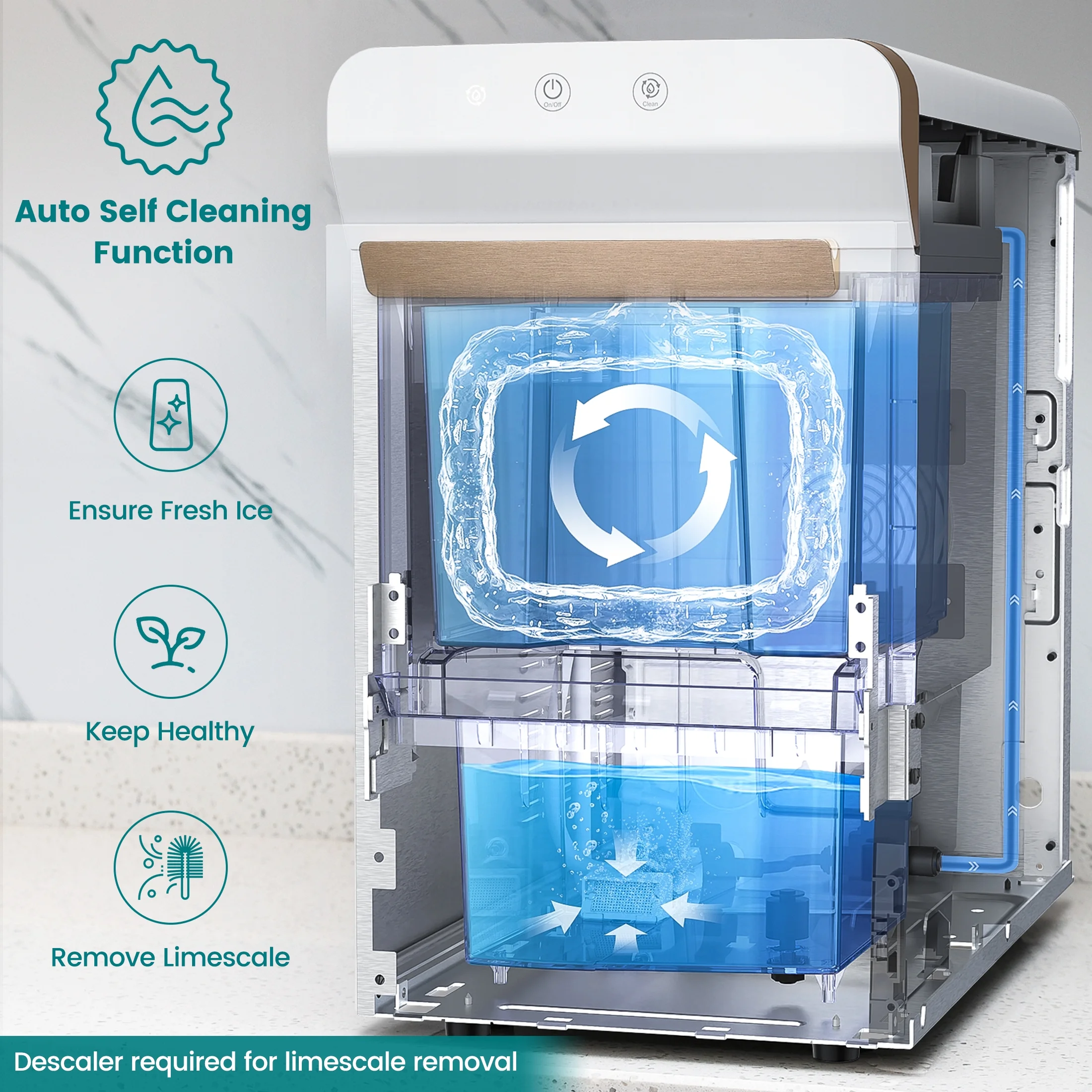 Gevi Countertop Nugget Ice Maker - Making Pellet Ice 30lbs/Day | Self-Cleaning Ice Machine | Stainless Steel | White