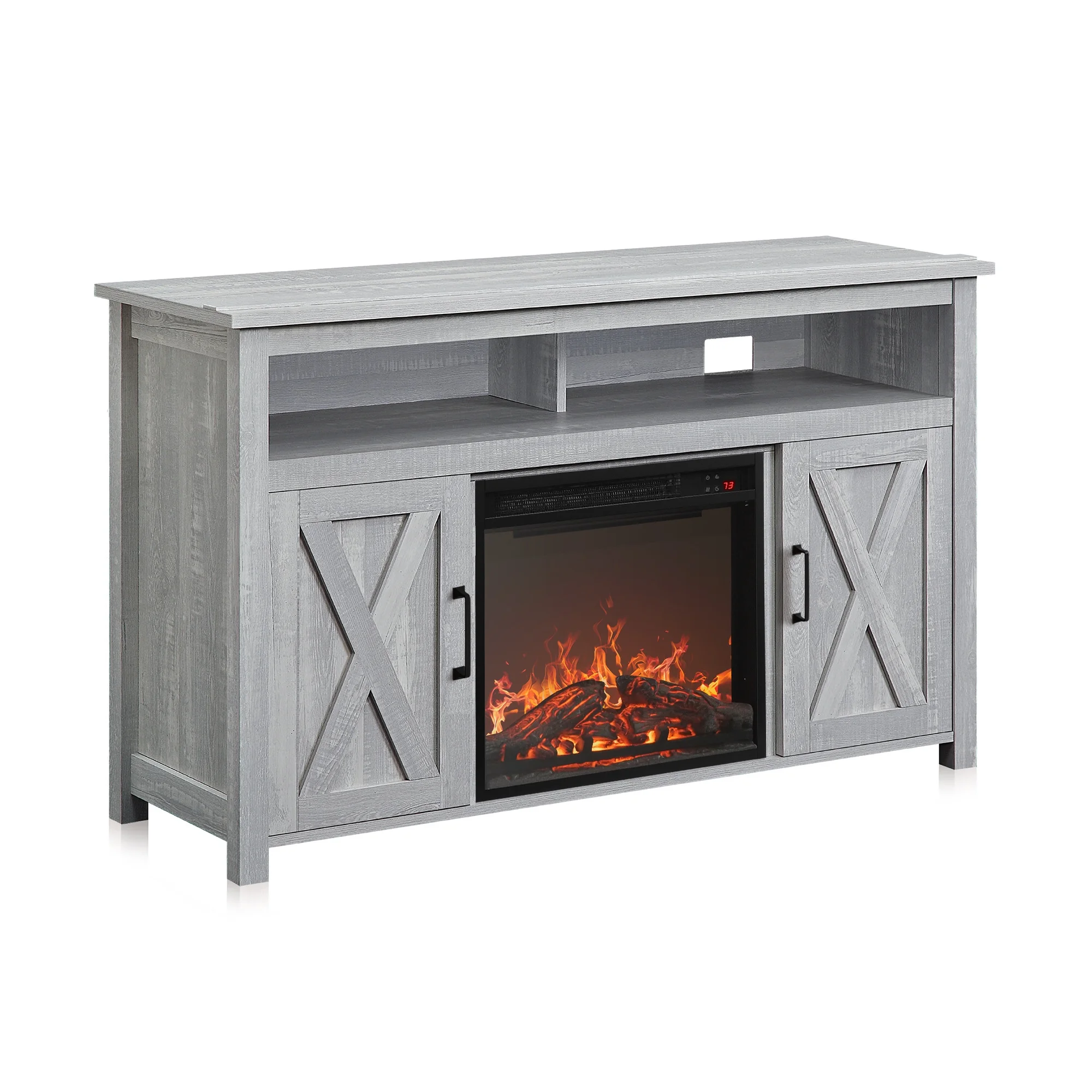 BELLEZE 48' Barn Door TV Stand Media Entertainment Center For TVs up to 50' with 18' Fireplace - Corin (Stone Grey)