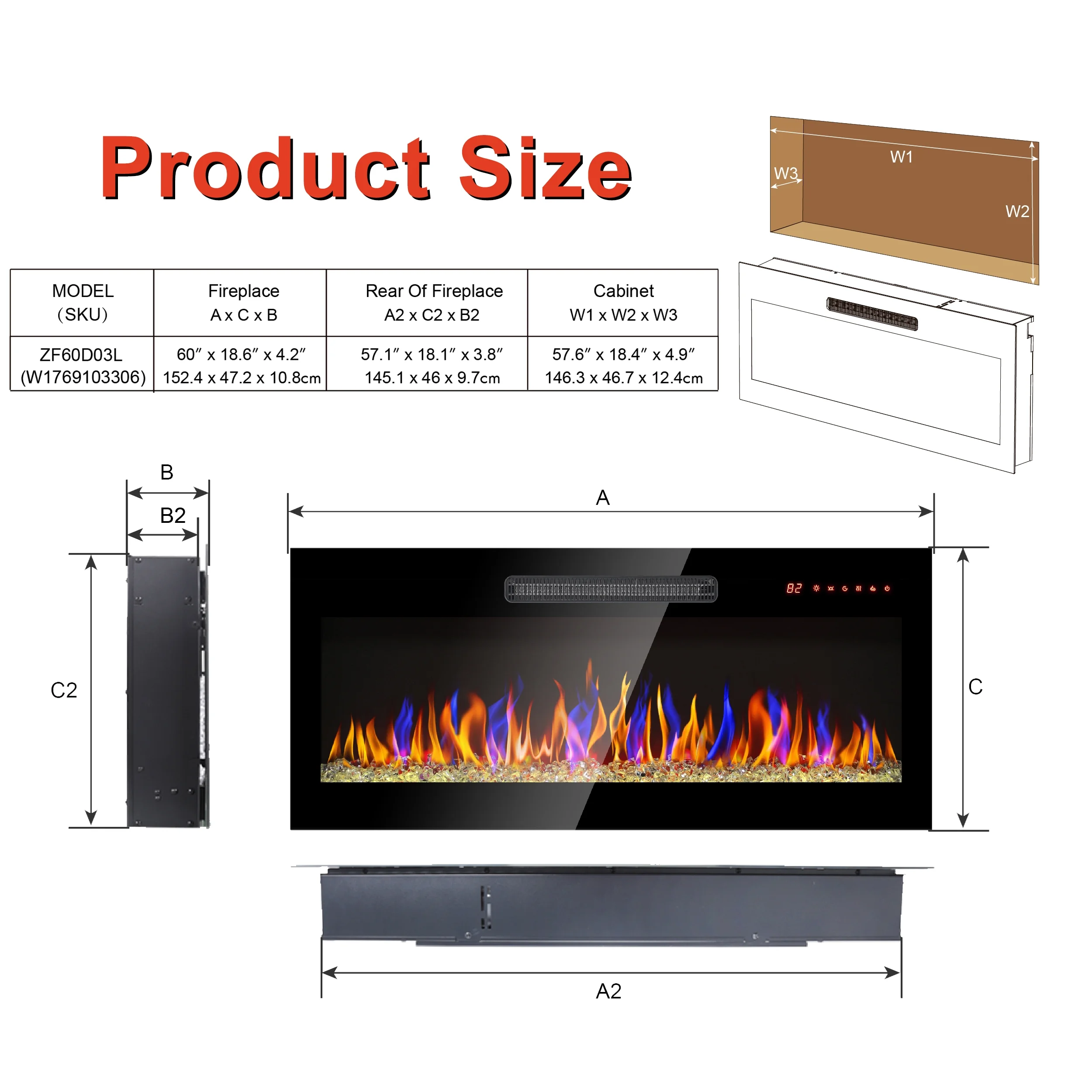 HestiNysus 60'' Inset Electric Fireplace with Remote Control and Multi-Color Flame Effects
