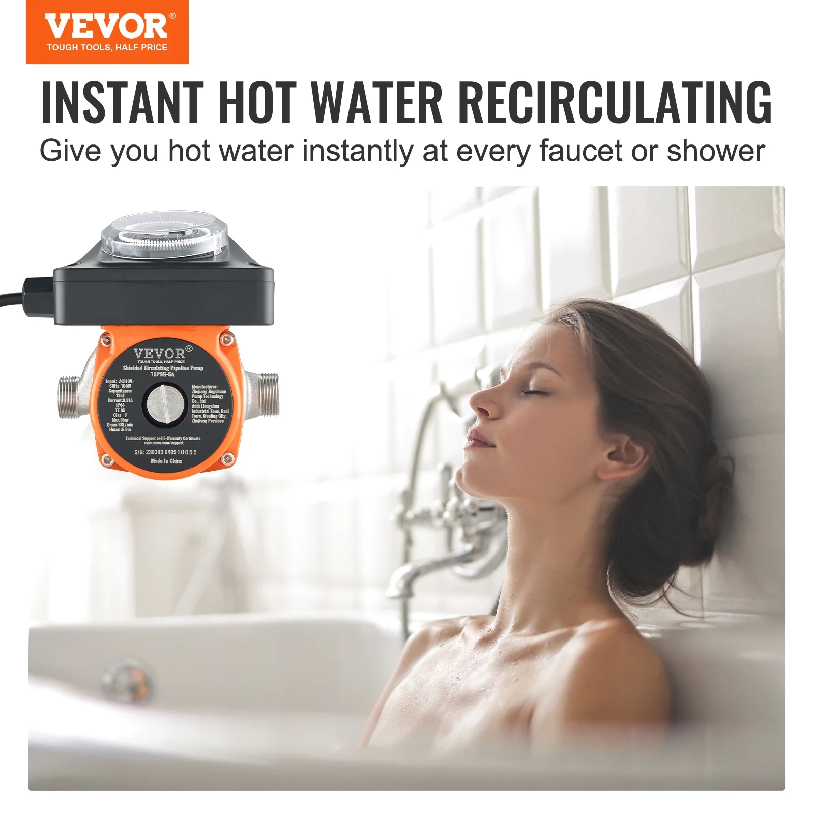 BENTISM Hot Water Recirculating Pump, Circulation Pump, 100W 110V DN20 Inlet/Outlet DN15 Adapter for Water Heater System