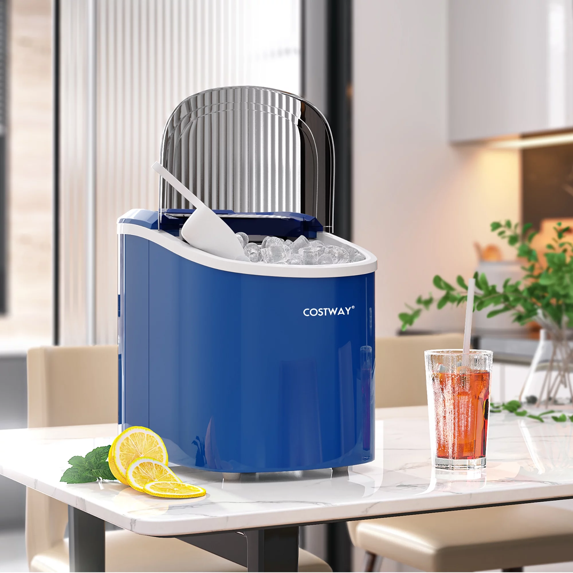 Costway Ice Maker Machine Countertop Automatic Ice Maker 27 LBS/24 Hrs w/ Scoop & Basket Navy