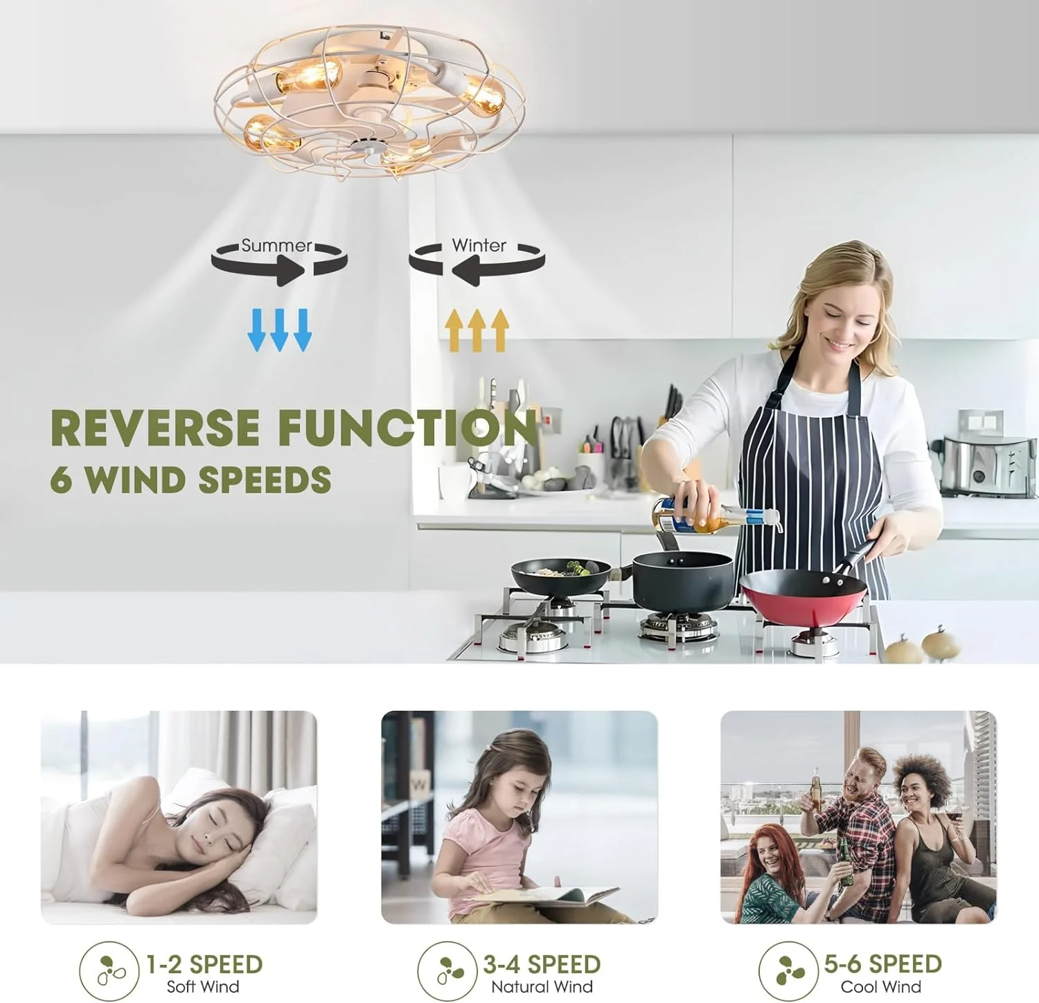 HOOMEDELIER 21' Industrial Indoor Flush Mount Low Profile Caged Ceiling Fan with Light and Remote,Enclosed 3 Blades - White