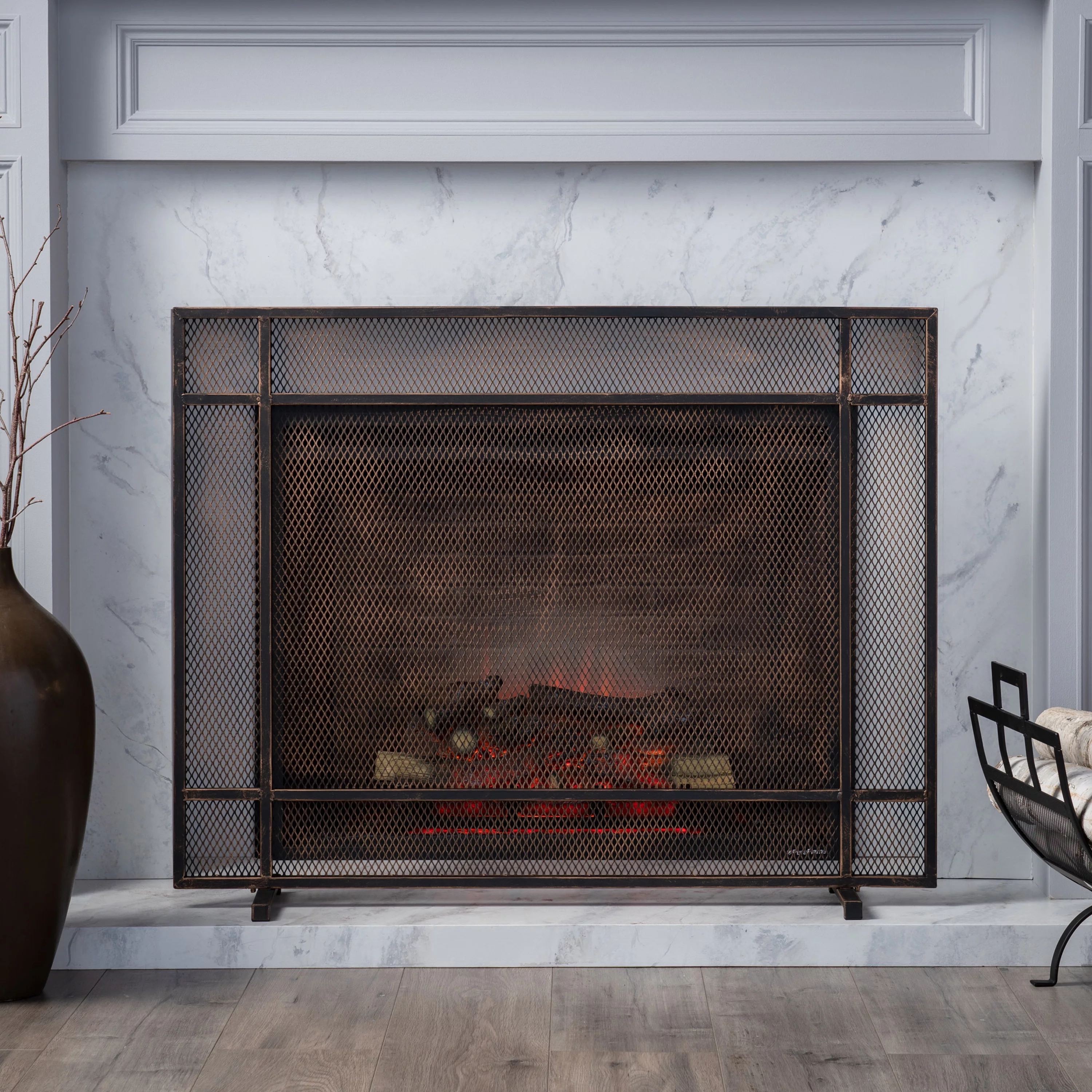 GDF Studio Dickinson Modern Iron Single Panel Fireplace Screen, Black Brushed Gold