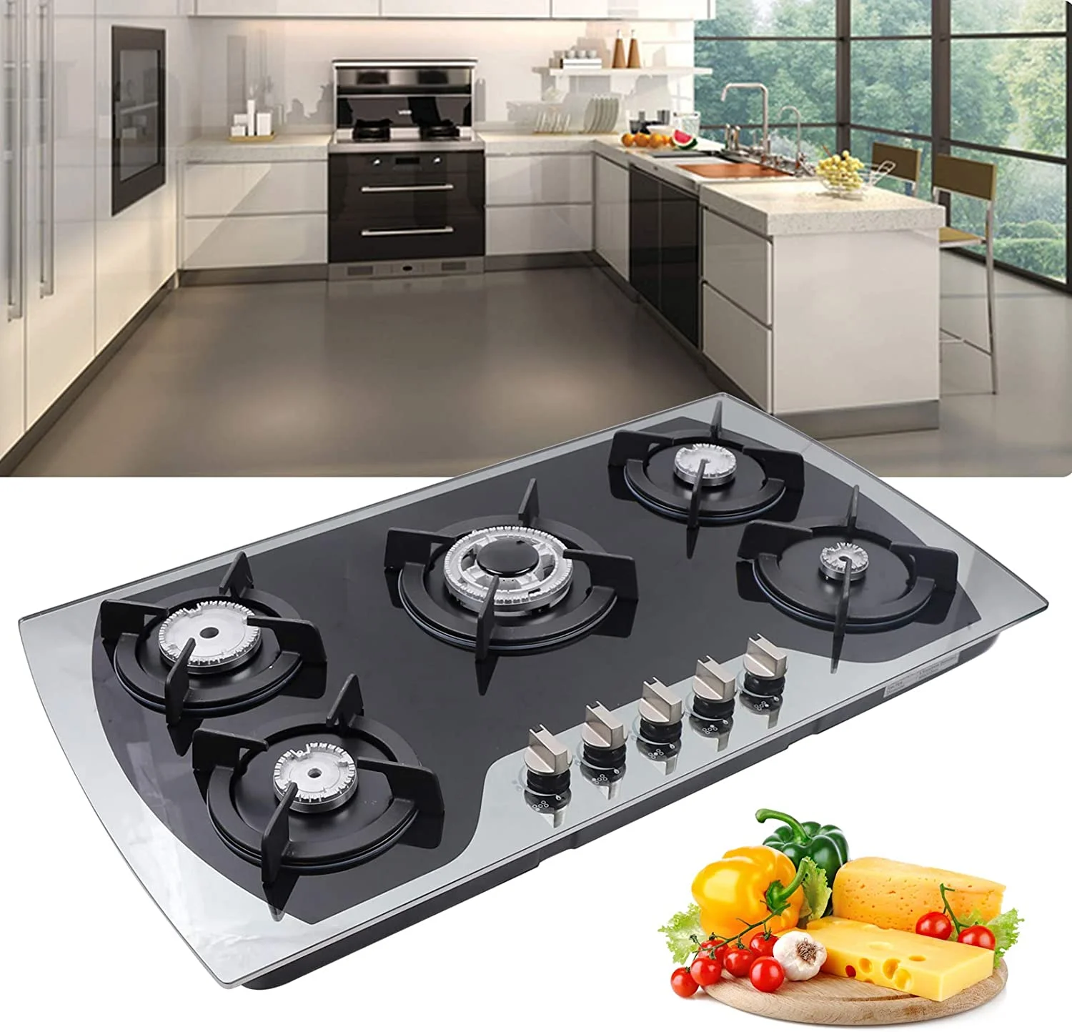 ANQIDI LPG/NG Gas Cooktop 5 Burners Gas Hobs Built-in Automatic Pulse Ignition Gas Stove Kitchen Cooker (35.4')