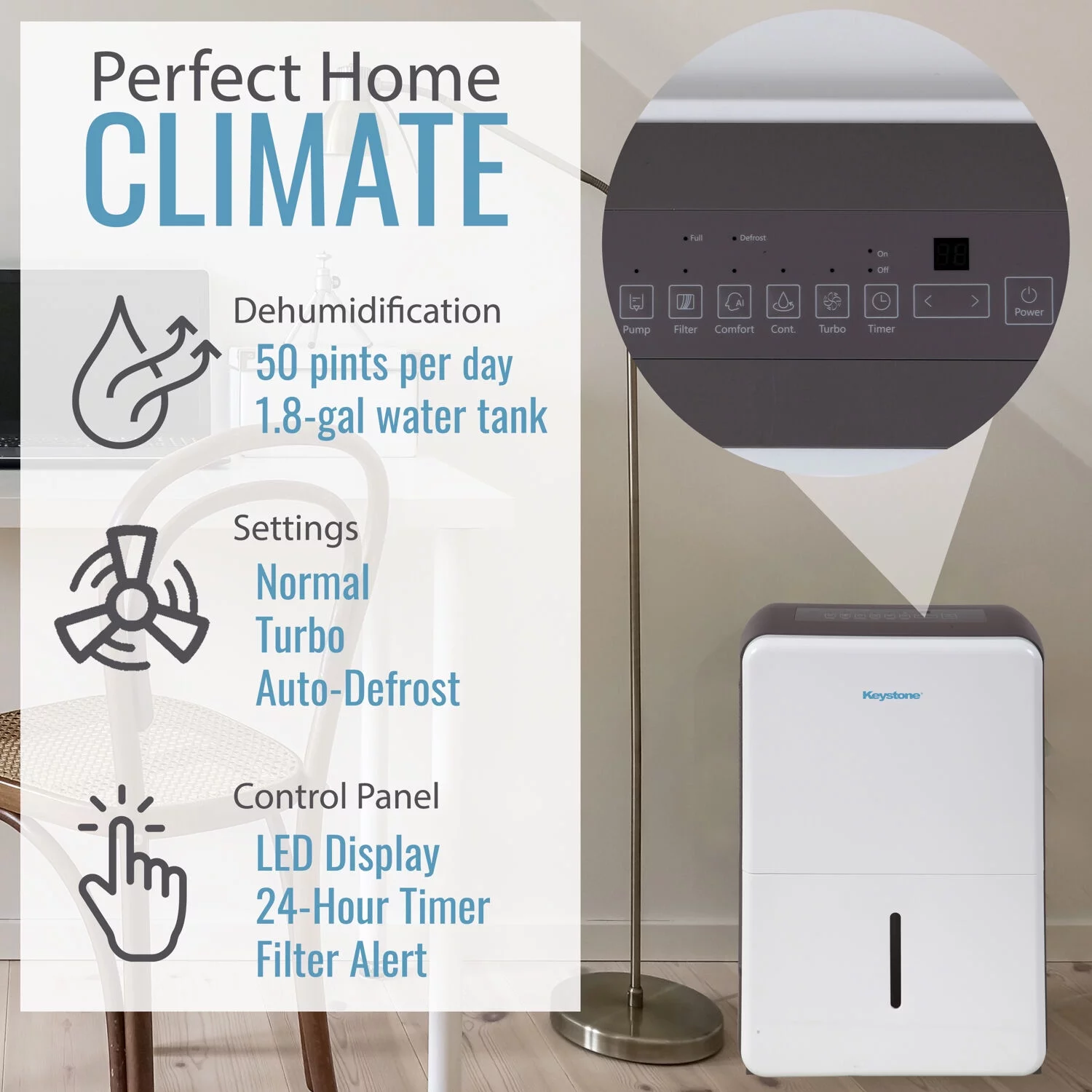 Keystone 50 Pt 4,500 sq ft Dehumidifier in White - Energy Efficient, Bucket Full Indicator