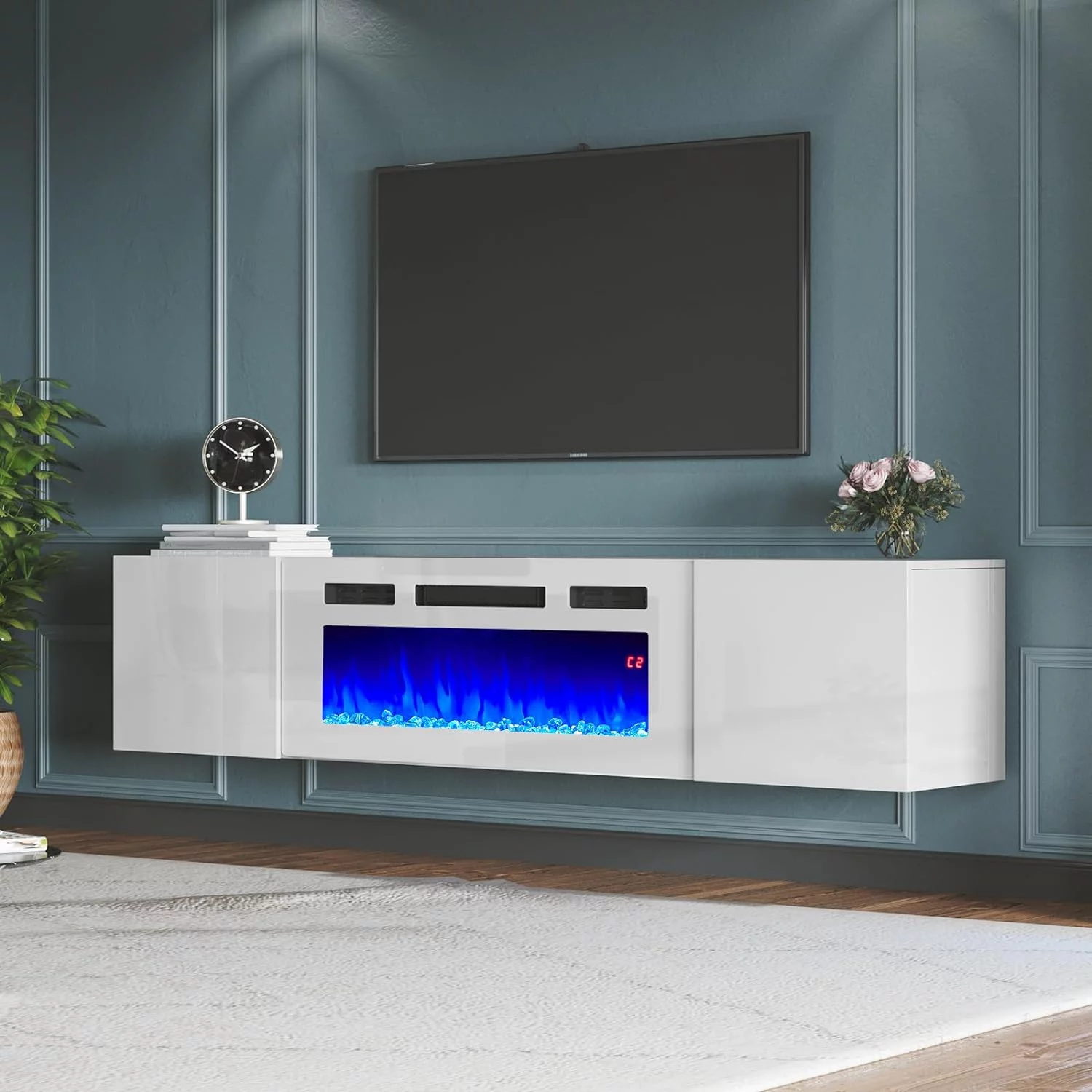 AMERLIFE Floating TV Stand with 36' Electric Fireplace for TVs up to 78