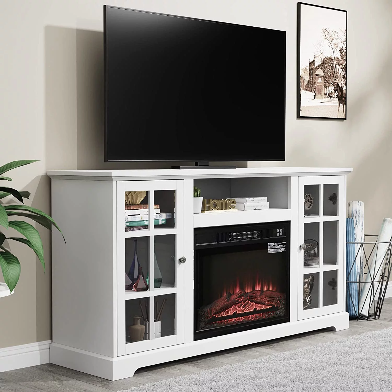 Fireplace TV Stand Console with 23' Electric Fireplace for 65' TV, White Entertainment Center for Living Room