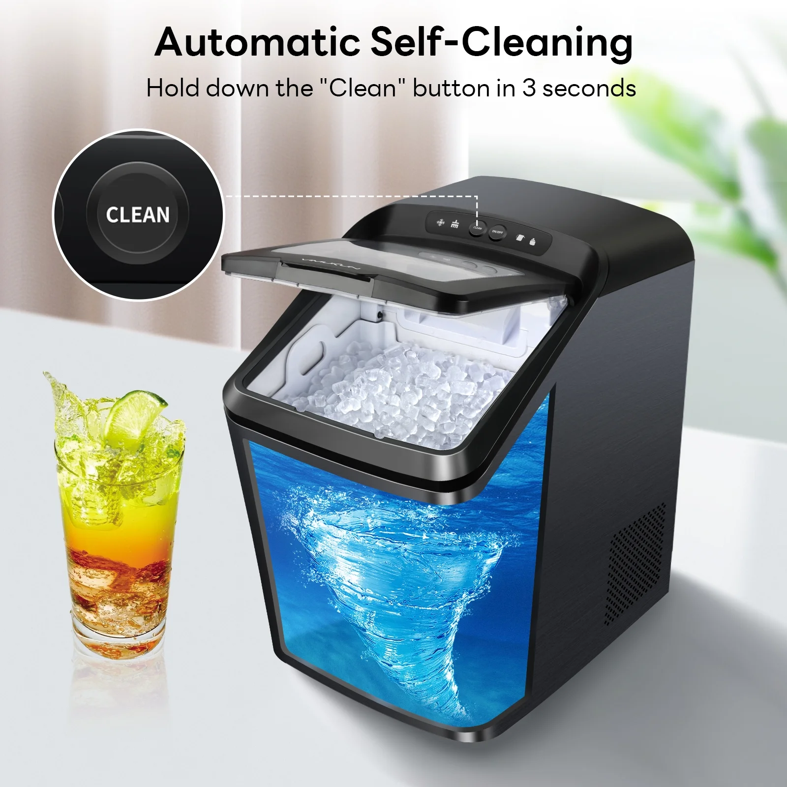 Ice Makers Countertop, Nugget Ice Maker Countertop, 30Lbs Per Day, Portable Pebble Ice Machine, Self-Cleaning, Stainless Steel Finish Ice Machine with Ice Scoop and Basket for Home Office Party, RV