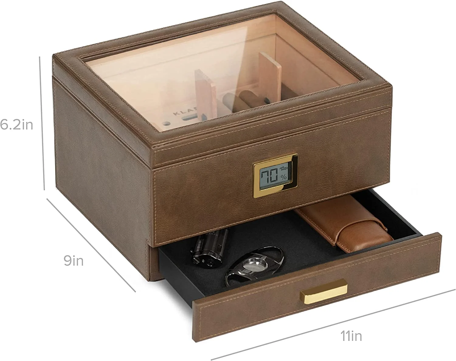 Belmont Glass Top Humidor Saddle Brown Premium Vegan Leather Holds (30-60 Cigars) by Case Elegance