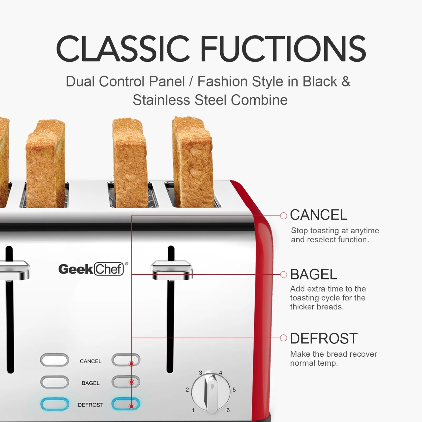 Geek chef 4 Slice Toaster Extra-Wide Slots Stainless Steel Browning Control Defrost RED USA