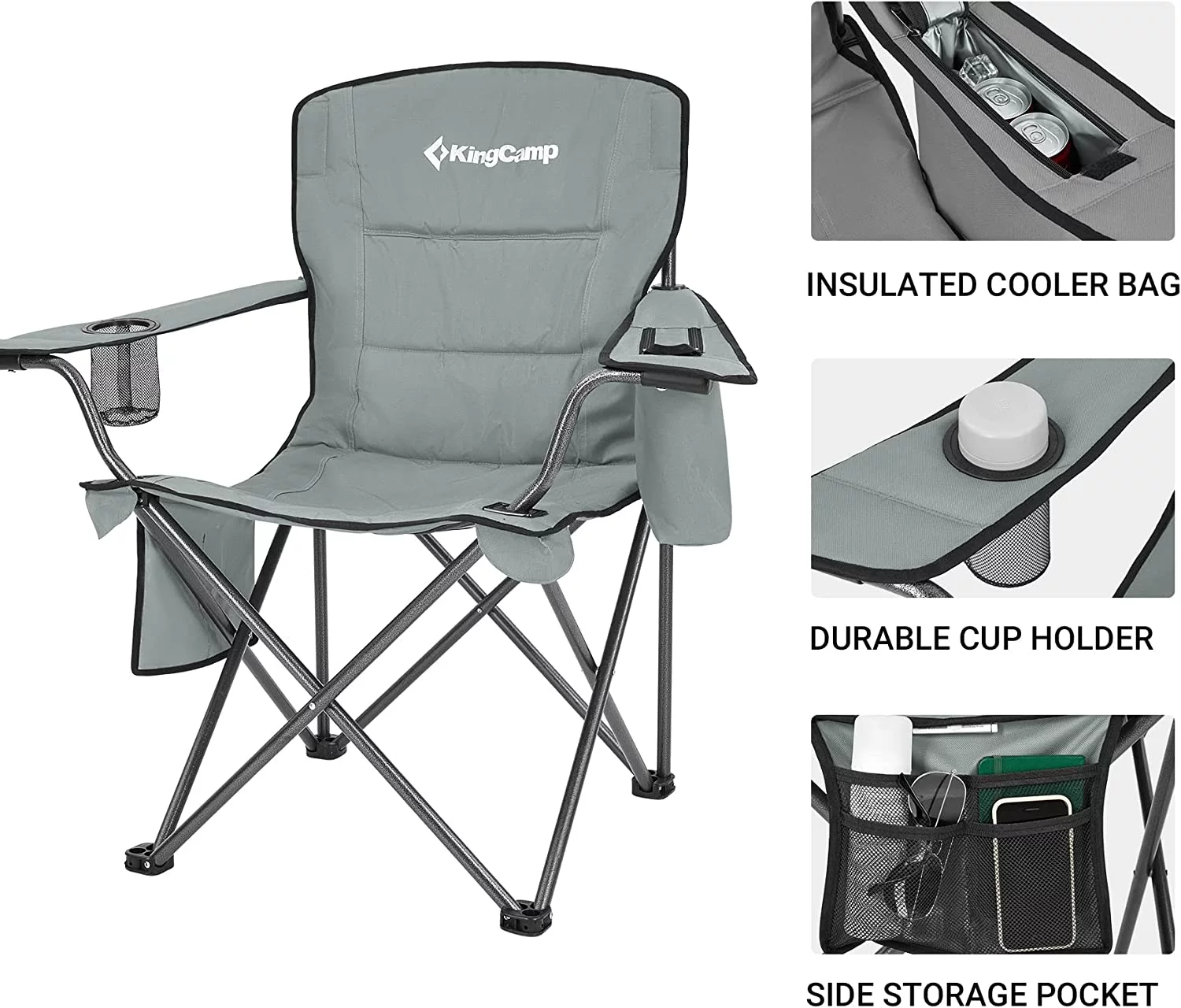 KingCamp Oversized Outdoor Camping Folding Chair, Ultralight Collapsible Padded Arm Chair for Adults, Supports 300 lbs,Grey
