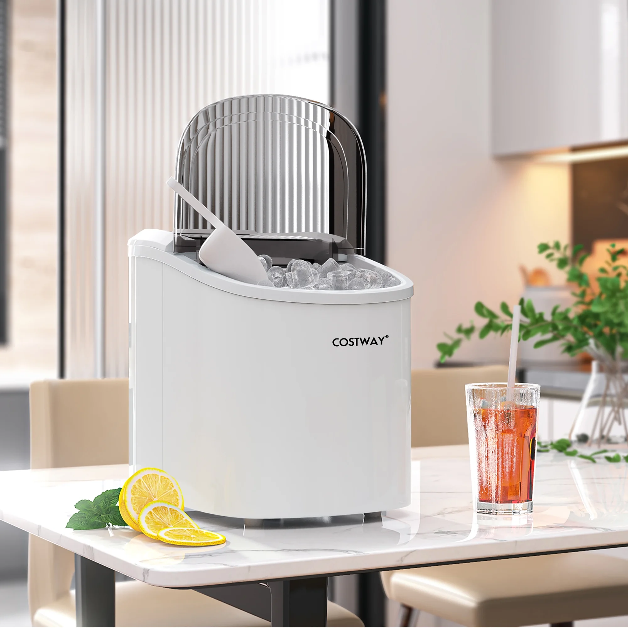Costway Ice Maker Machine Countertop Automatic Ice Maker 27 LBS/24 Hrs w/ Scoop & Basket White
