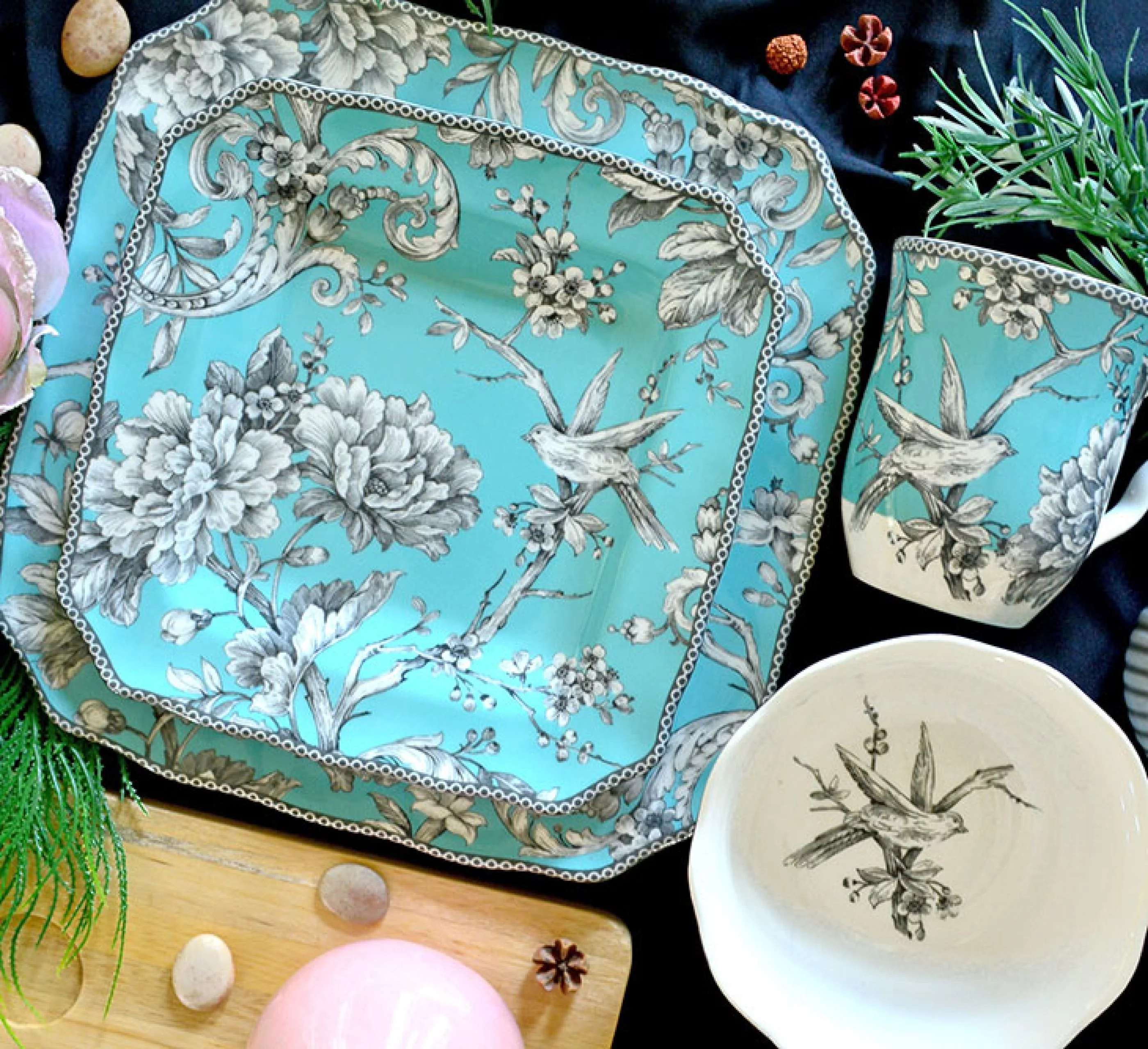 222 Fifth Adelaide Square Porcelain Dinnerware Set, 16-Piece, Turquoise Toile